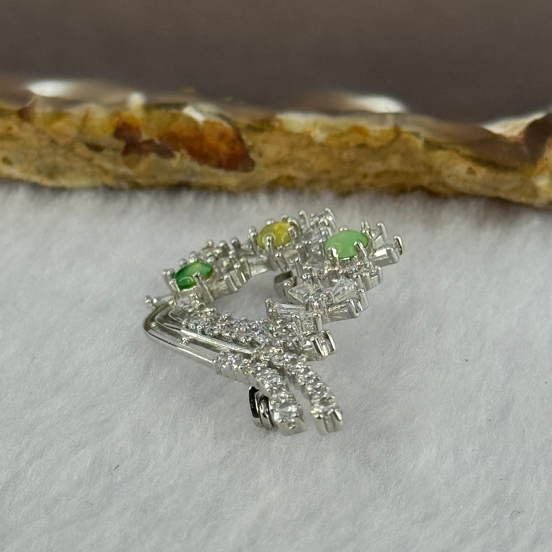 Type A Green Yellow Jadeite with Crystals in S925 Sliver Brooch 4.05g 3.6 by 1.5mm 3pcs - Huangs Jadeite and Jewelry Pte Ltd