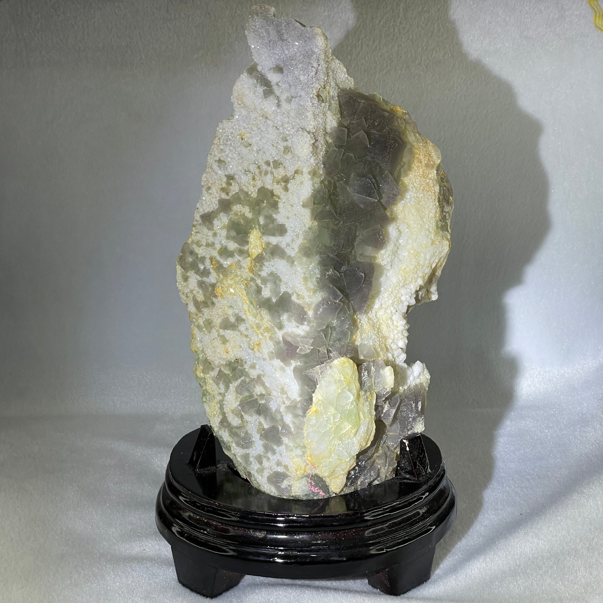 Natural Green Fluorite with White Quartz Rough with Wooden Stand Display 3,402.1g 165.0 by 136.0 by 285.0g - Huangs Jadeite and Jewelry Pte Ltd