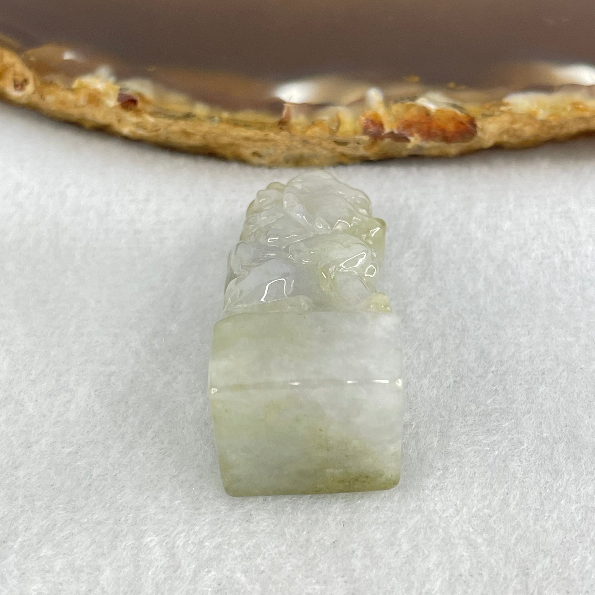Type A Greyish Lavender and Yellowish Green Jadeite Fu Dog Seal Display 18.16g 37.1 by 16.7 by 14.5mm - Huangs Jadeite and Jewelry Pte Ltd