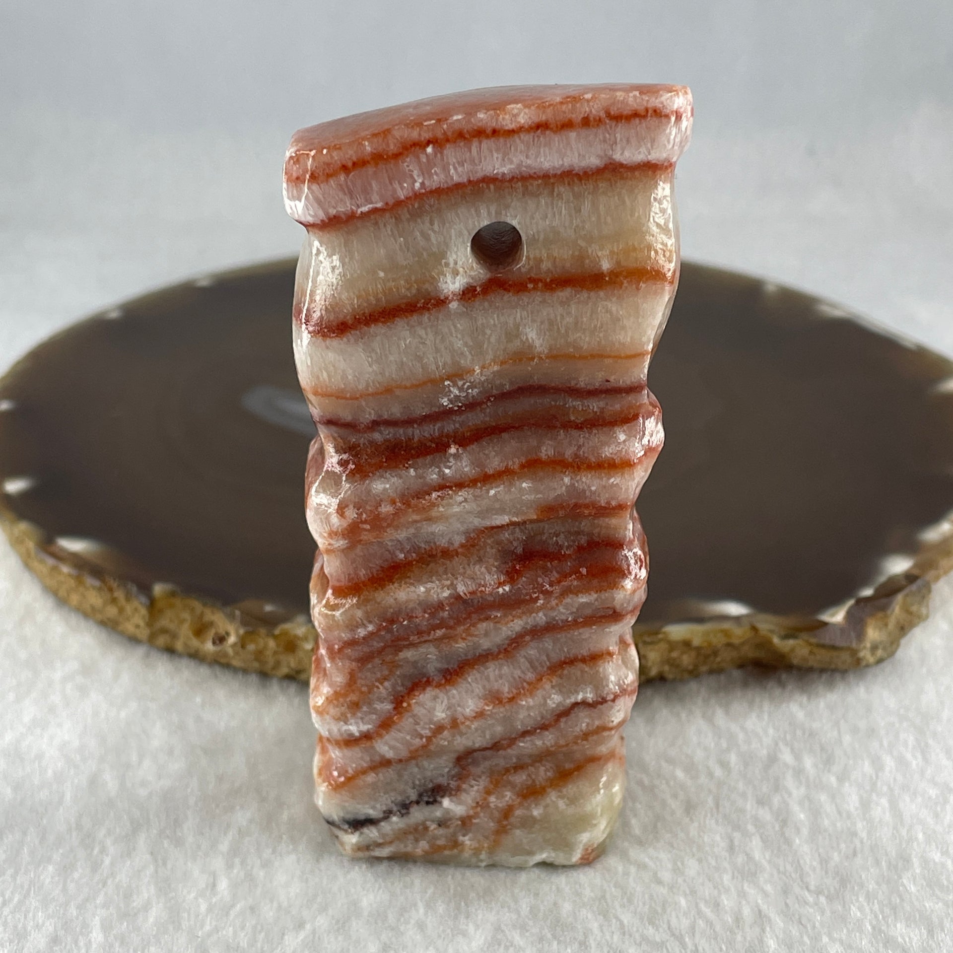 Natural Red Calcite Pork Belly Meat Look Alike Display or handplay 170.54g 39.5 by 23.8 by 90.6mm - Huangs Jadeite and Jewelry Pte Ltd