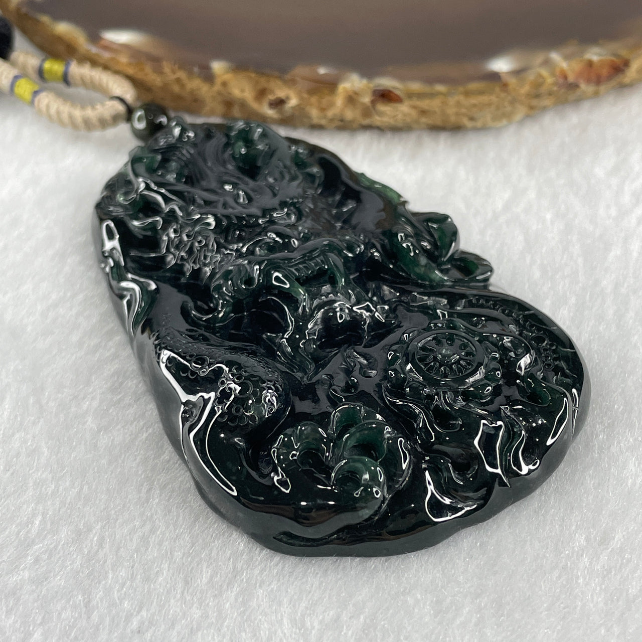 Type A Old Mine Blueish Green Jadeite Dragon Double Side Pendant 85.59g 79.4 by 48.8 by 12.0mm