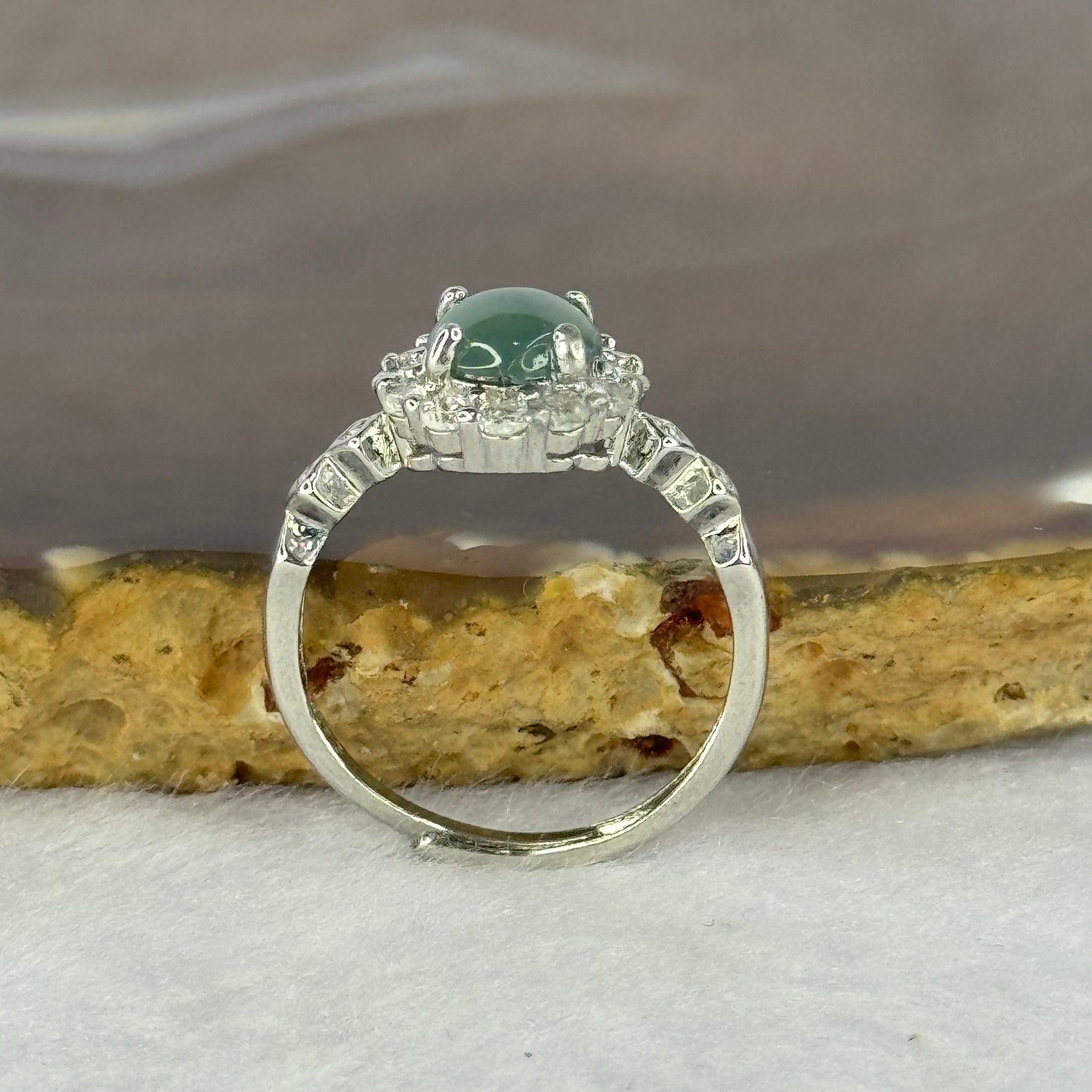 Type A Icy Blueish Green Jadeite with Crystals in S925 Sliver Ring (Adjustable Size) 1.77g 6.9 by 3.0mm - Huangs Jadeite and Jewelry Pte Ltd