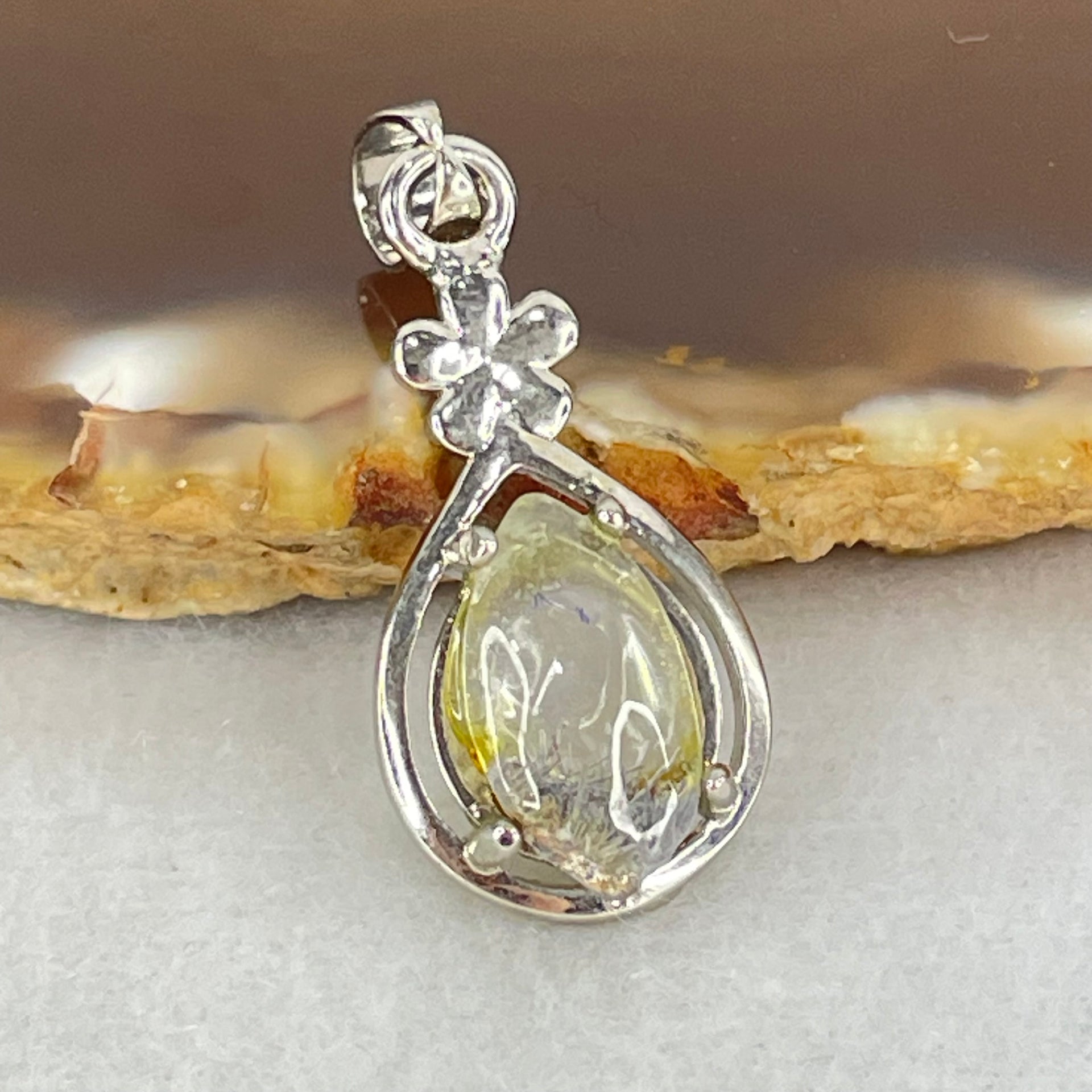 Good Grade Rare Natural Blue Dumortierite Rutilated Quartz in S925 Pendant 2.23g 12.3 by 6.9 by 3.5mm - Huangs Jadeite and Jewelry Pte Ltd