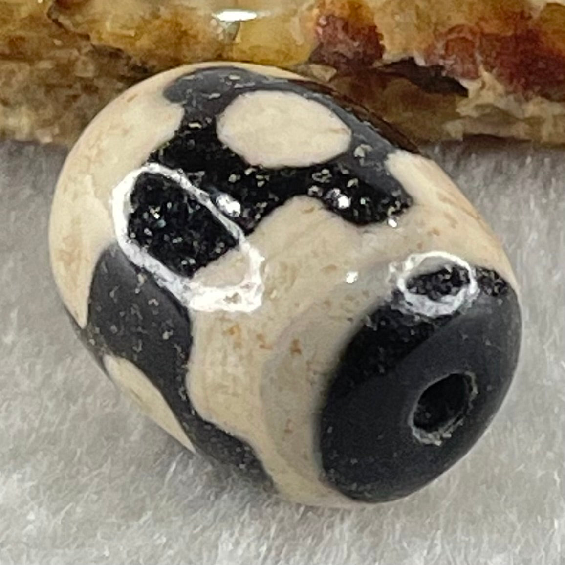 Natural Powerful Tibetan Old Oily Dark Brown With White Agate 3 Eyes Dzi Bead Heavenly Master (Tian Zhu) 三眼天诛 4.52g 17.5 by 13.1mm - Huangs Jadeite and Jewelry Pte Ltd