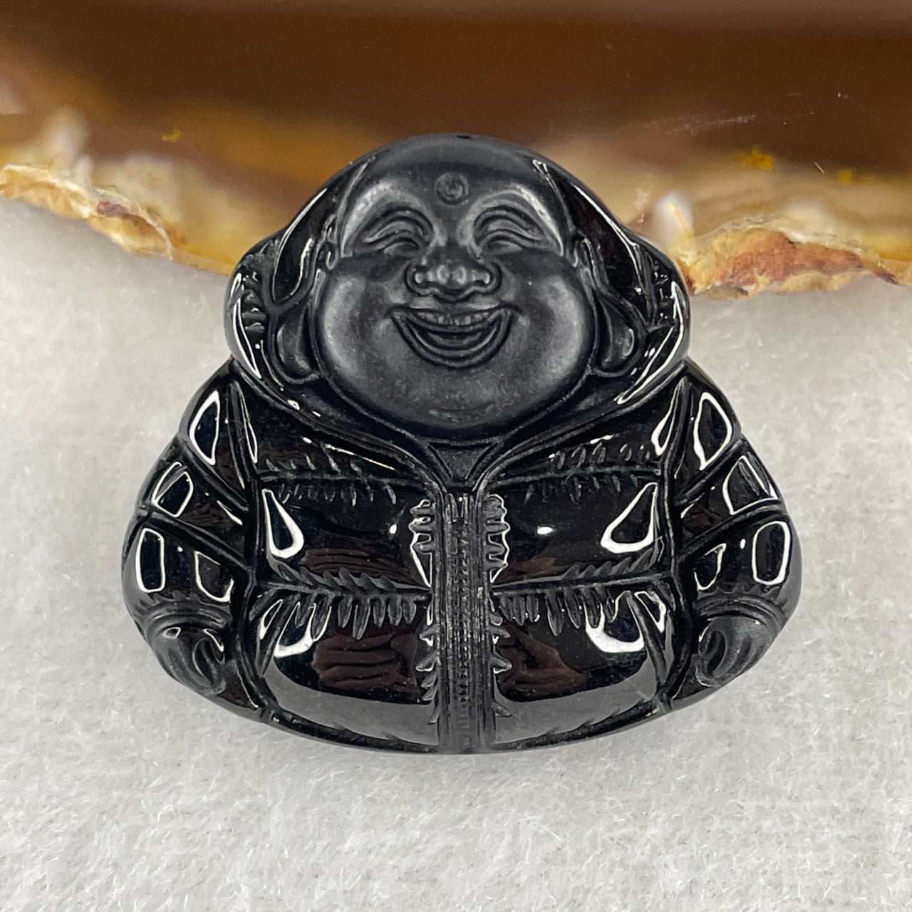 Symbol of Luck, Wealth and Happiness - Certified Natural Type A Black Jadeite Milo Laughing Buddha Pendant with Jacket 16.02g 29.8 by 32.3 by 9.4mm