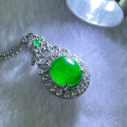 Type A Icy Green Omphasite Jadeite 11.1 by 9.2 by 6.0mm With Crystals in S925 Sliver Necklace 5.28g - Huangs Jadeite and Jewelry Pte Ltd