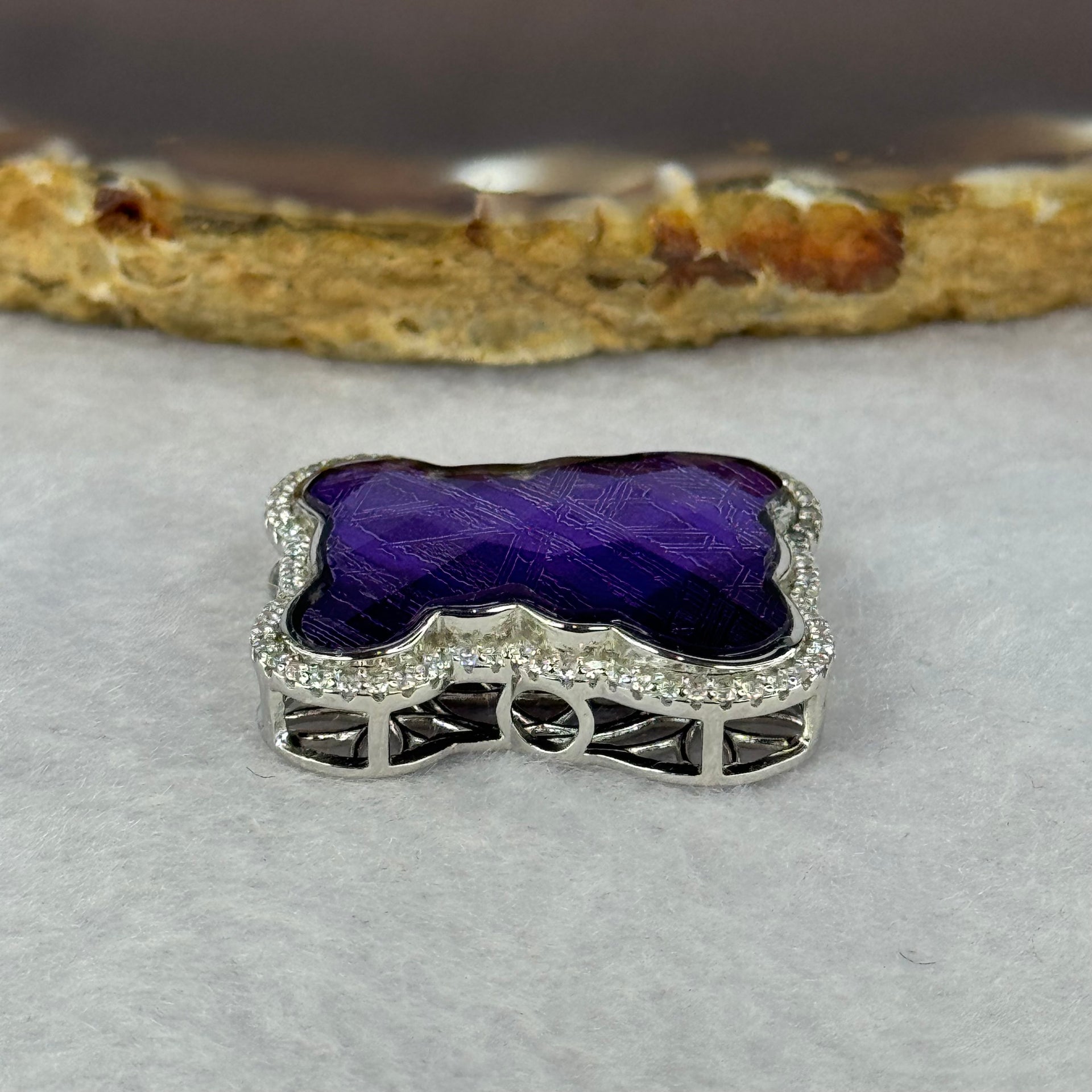Natural Meteorite Bear Charm / Pendant in S925 Silver with Crystals For Necklace / Bracelet (Purple Color) 7.32g  26.1 by 21.4 by 8.4mm - Huangs Jadeite and Jewelry Pte Ltd