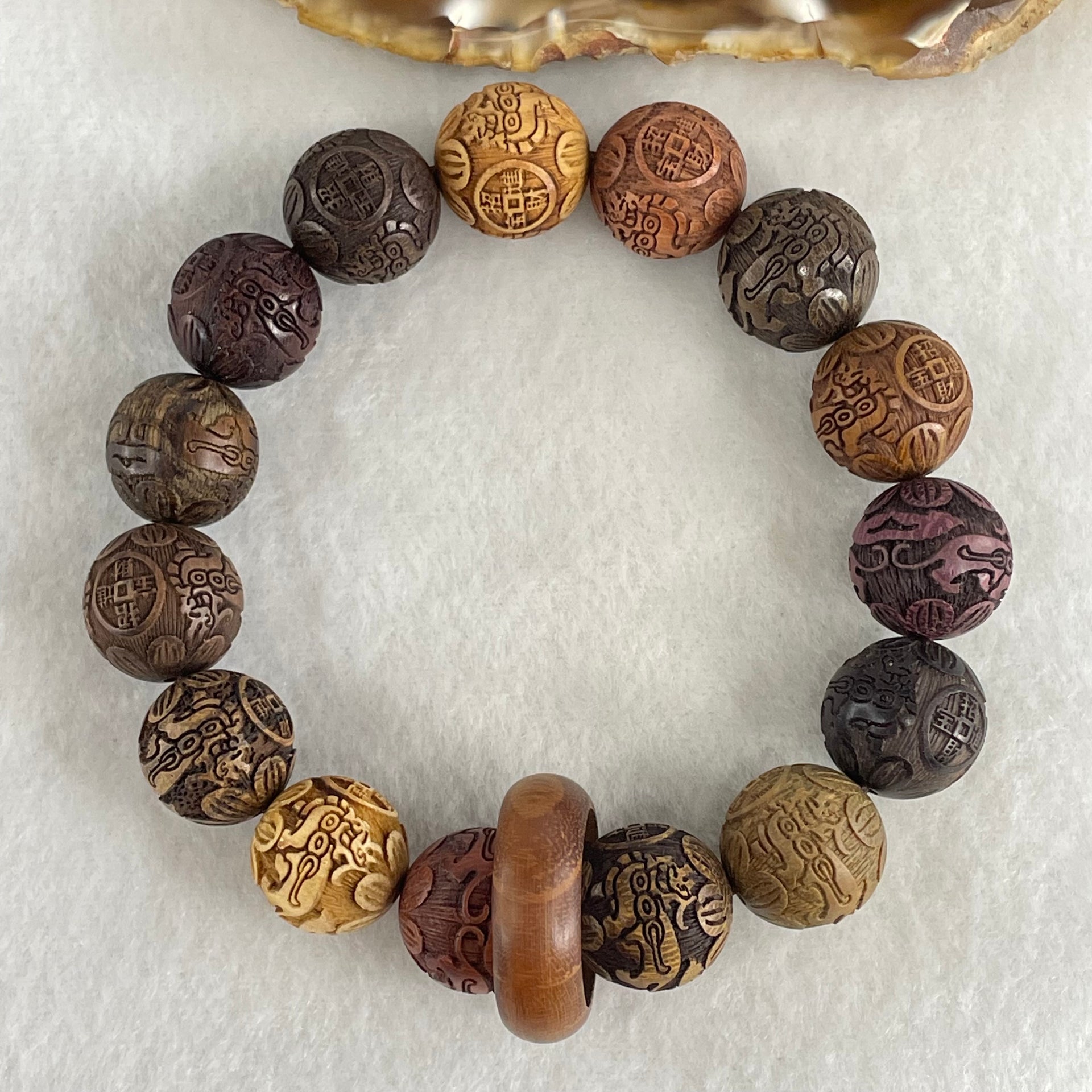 Natural Multi Color Rosewood with Prosperity Pixiu and Coin Beads Bracelet 24.55g 18cm 15.2mm 15 Beads - Huangs Jadeite and Jewelry Pte Ltd
