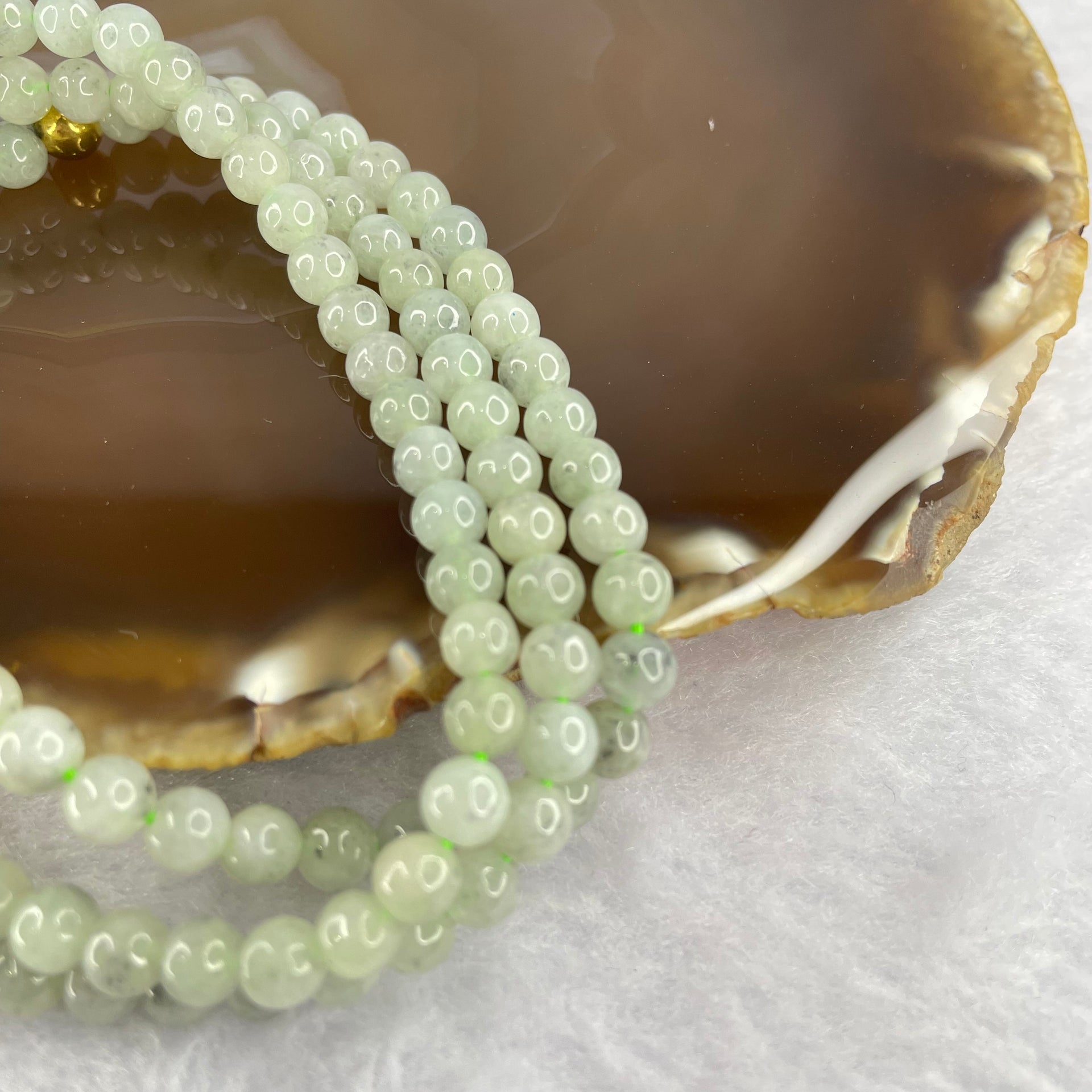 Type A Semi Icy Green with Wuji Grey Piao Hua Beads Necklace 122 Beads 5.4mm 31.79g - Huangs Jadeite and Jewelry Pte Ltd