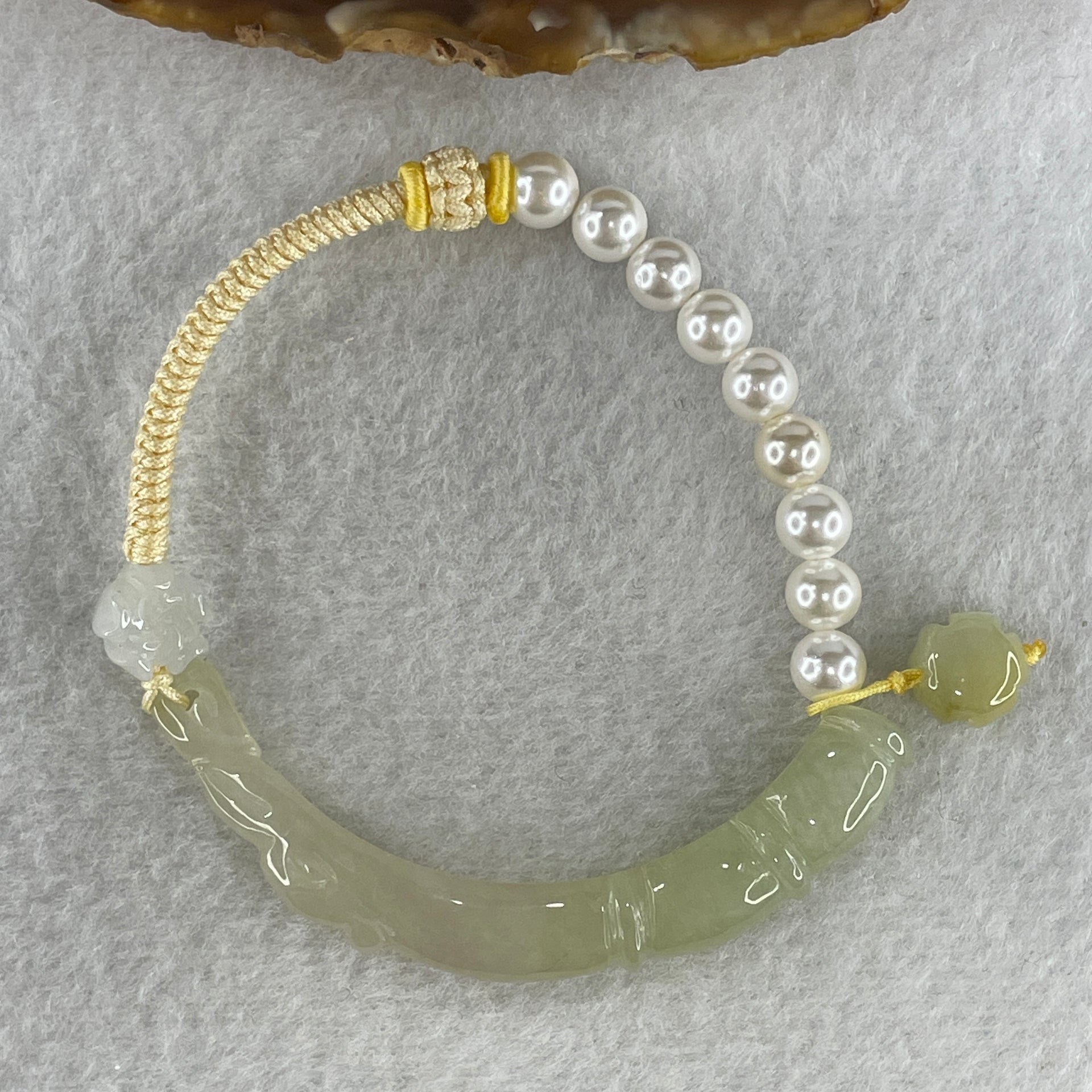 Natural Type A Semi Icy Light Green with Yellowish Jadeite Bamboo with Lotus Charm Bracelet 14.64g 15.5cm 6.18 by 7.5 by 8.2mm - Huangs Jadeite and Jewelry Pte Ltd