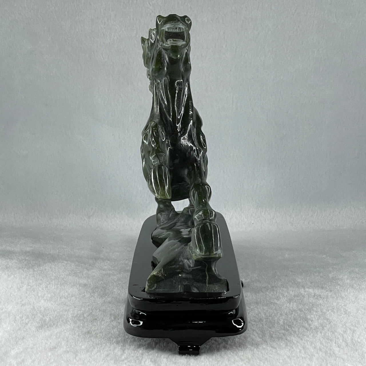 Natural Dark Green Serpentine Victory Horse with Wooden Stand Display 847.1g 220.0 by 168.0 by 3.0mm - Huangs Jadeite and Jewelry Pte Ltd