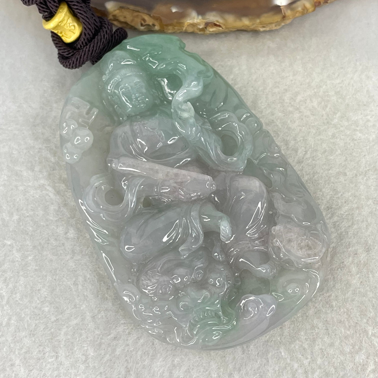 Grand Master Type A Jelly Lavender and Green Piao Hua Jadeite Manjusri Bodhisattva Pendant 90.51g 77 by 50 by 12.8mm - Huangs Jadeite and Jewelry Pte Ltd