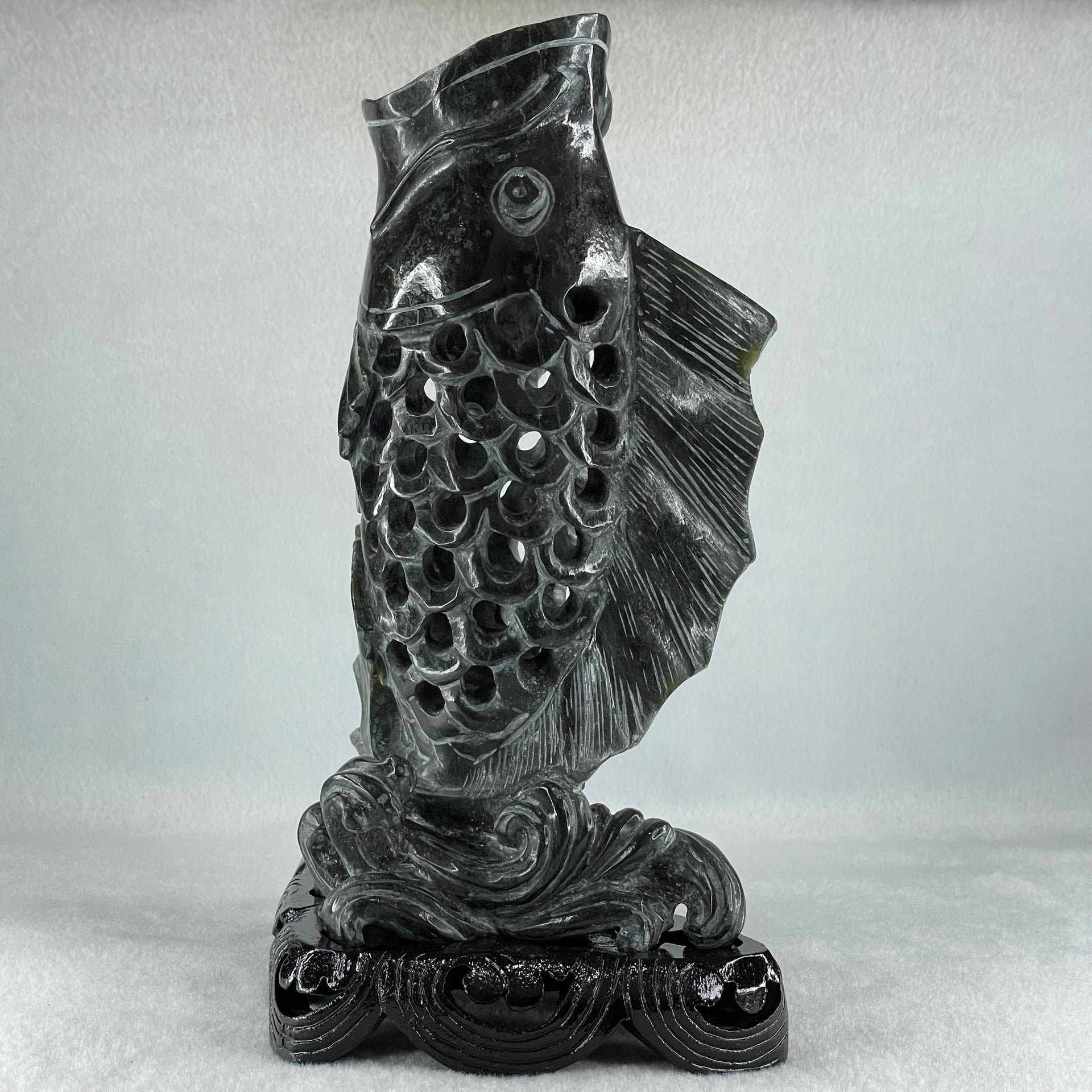 Natural Dark Green Serpentine Carp Fish with Wooden Stand Display 1,119.0g 175.0 by 100.0 by 240.0mm - Huangs Jadeite and Jewelry Pte Ltd