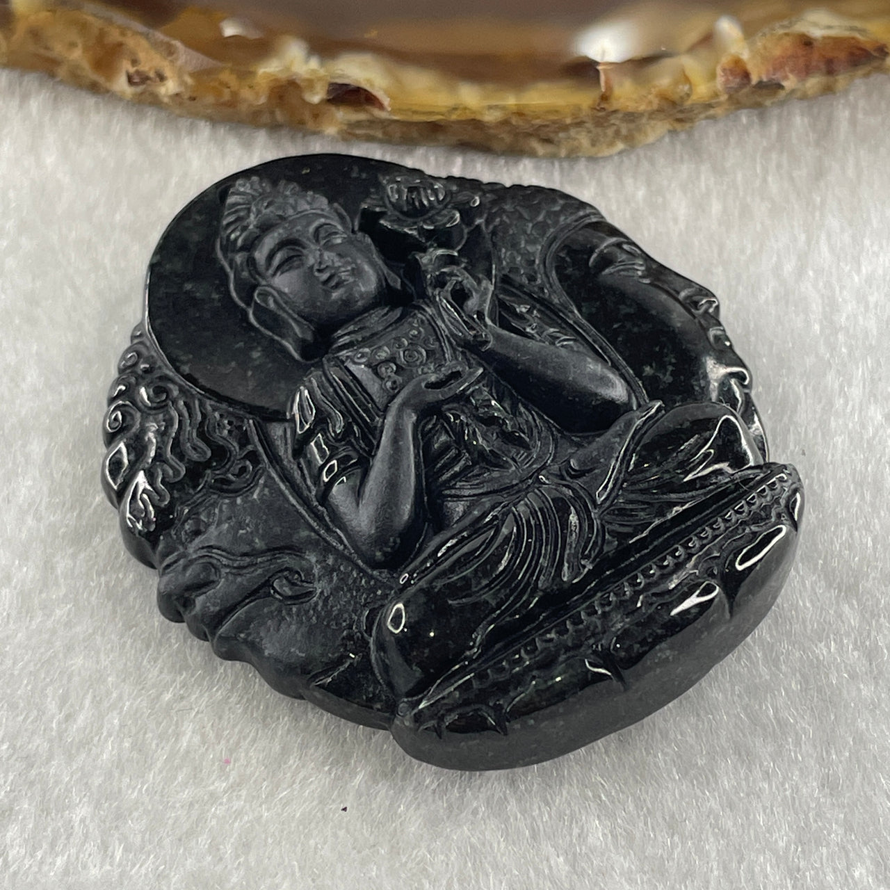 Type A Opaque Black Omphacite Jadeite Good Vs Evil Mahasthamaprapta Bodhisattva Pendant Horse Zodiac Guardian 41.32g 50.8 by 43.8 by 11.8mm - Huangs Jadeite and Jewelry Pte Ltd