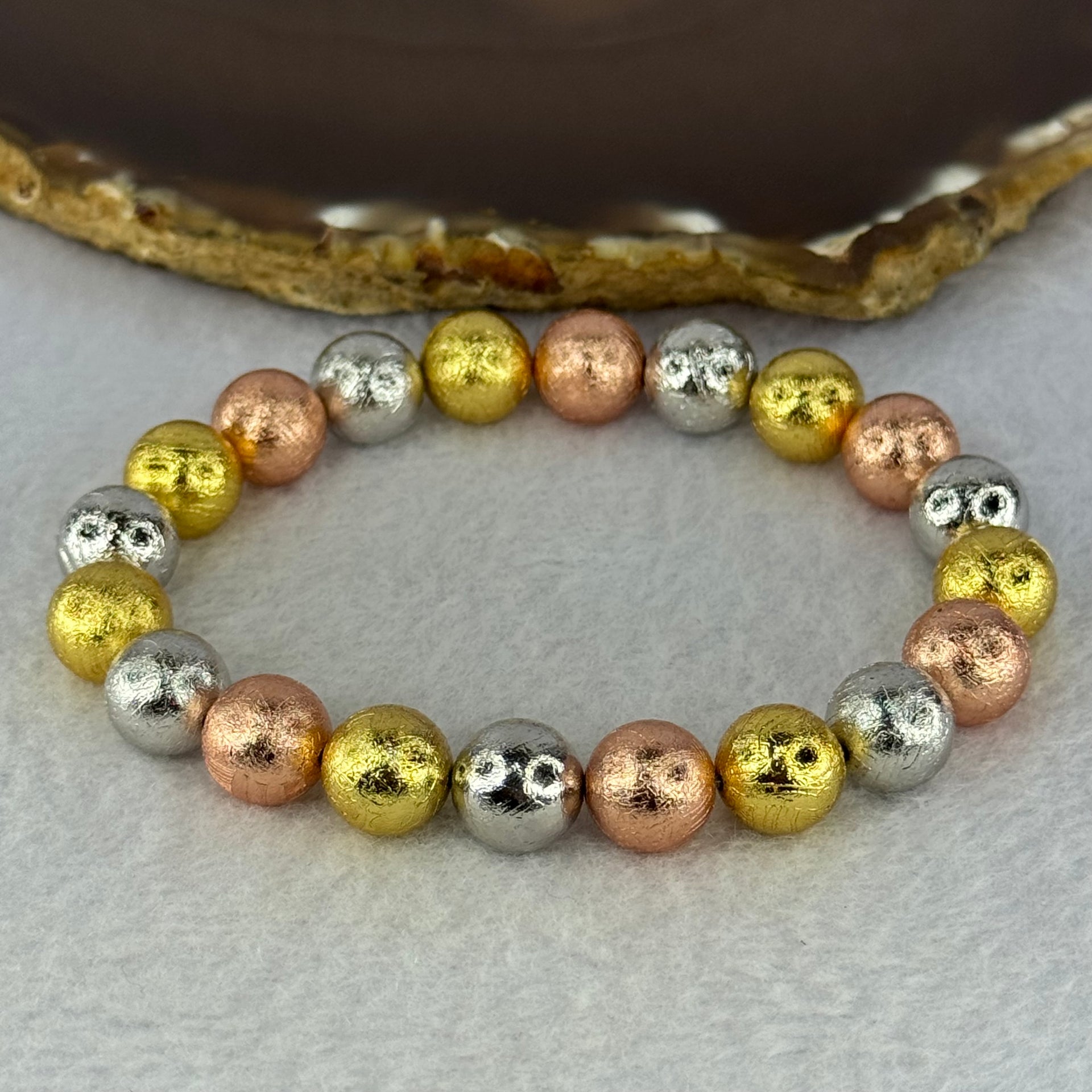 Natural Meteorite Sliver, Gold and Rose Gold Color Beads Bracelet 88.44g 17.5cm 10.3mm 20 Beads - Huangs Jadeite and Jewelry Pte Ltd