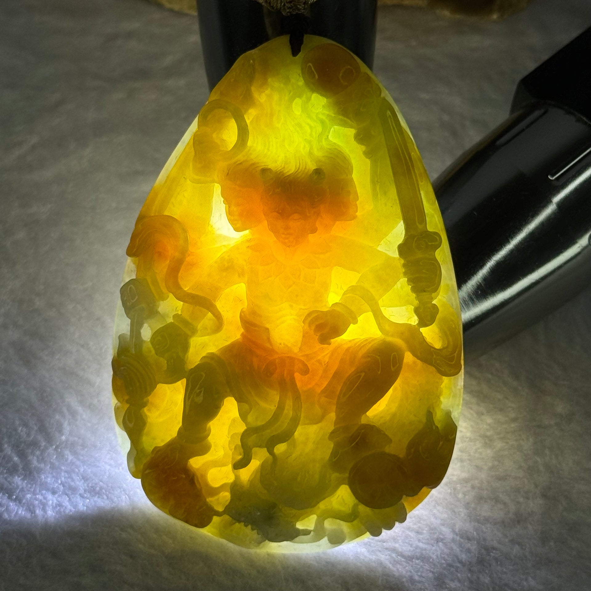 Rare Grand Master Type A 4 Colours Yellow Lavender Green Red Jadeite Neza on Dragon A货大师四彩翡翠哪咋三太子牌 70.66g 71.8 by 48.6 by 11.8mm with Wooden Stand - Huangs Jadeite and Jewelry Pte Ltd