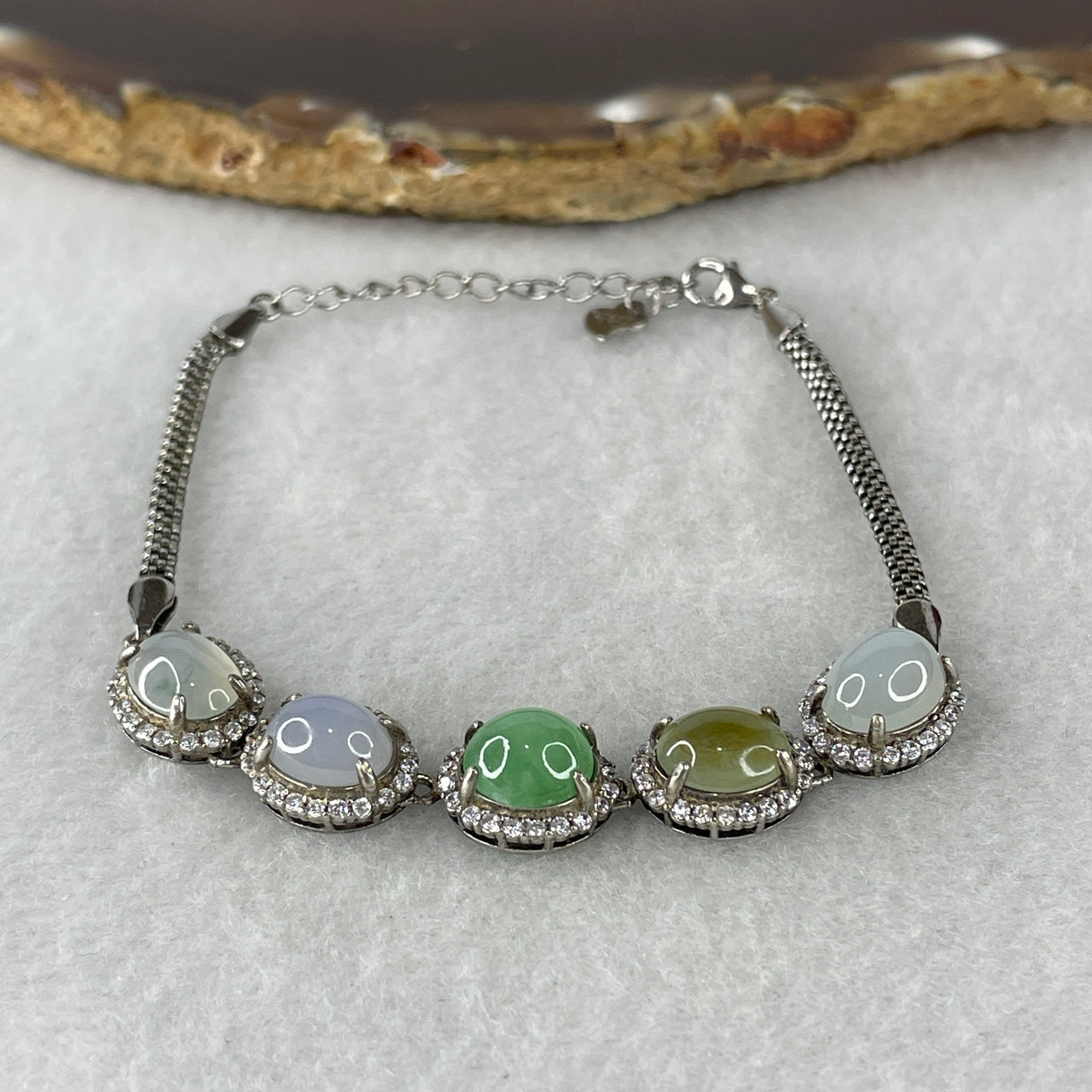Natural Type A Multicolor Jadeite 5-Stone Bracelet | S925 Sterling Silver Adjustable 13-16cm White, Yellow, Green, Lavender & Colorless Luxury Cabochon Strand (7.53g 8.8x7.0x5.0mm 5pcs)