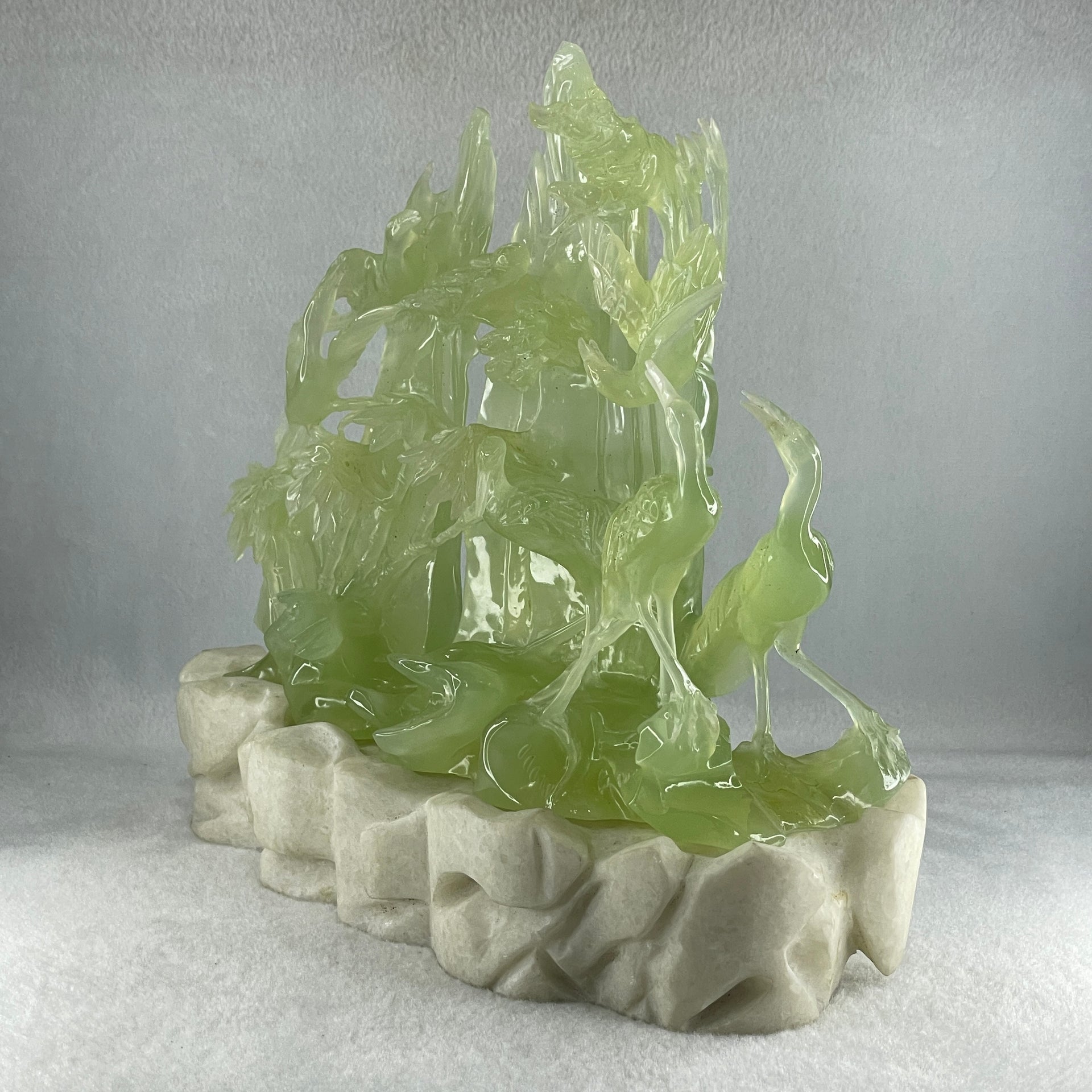 Natural Icy Green Serpentine 6 Cranes with Bamboo Shoots on Shan Shui with White Stone Stand Display 3,171.9g 270.0 by 102.0 by 236.0mm - Huangs Jadeite and Jewelry Pte Ltd