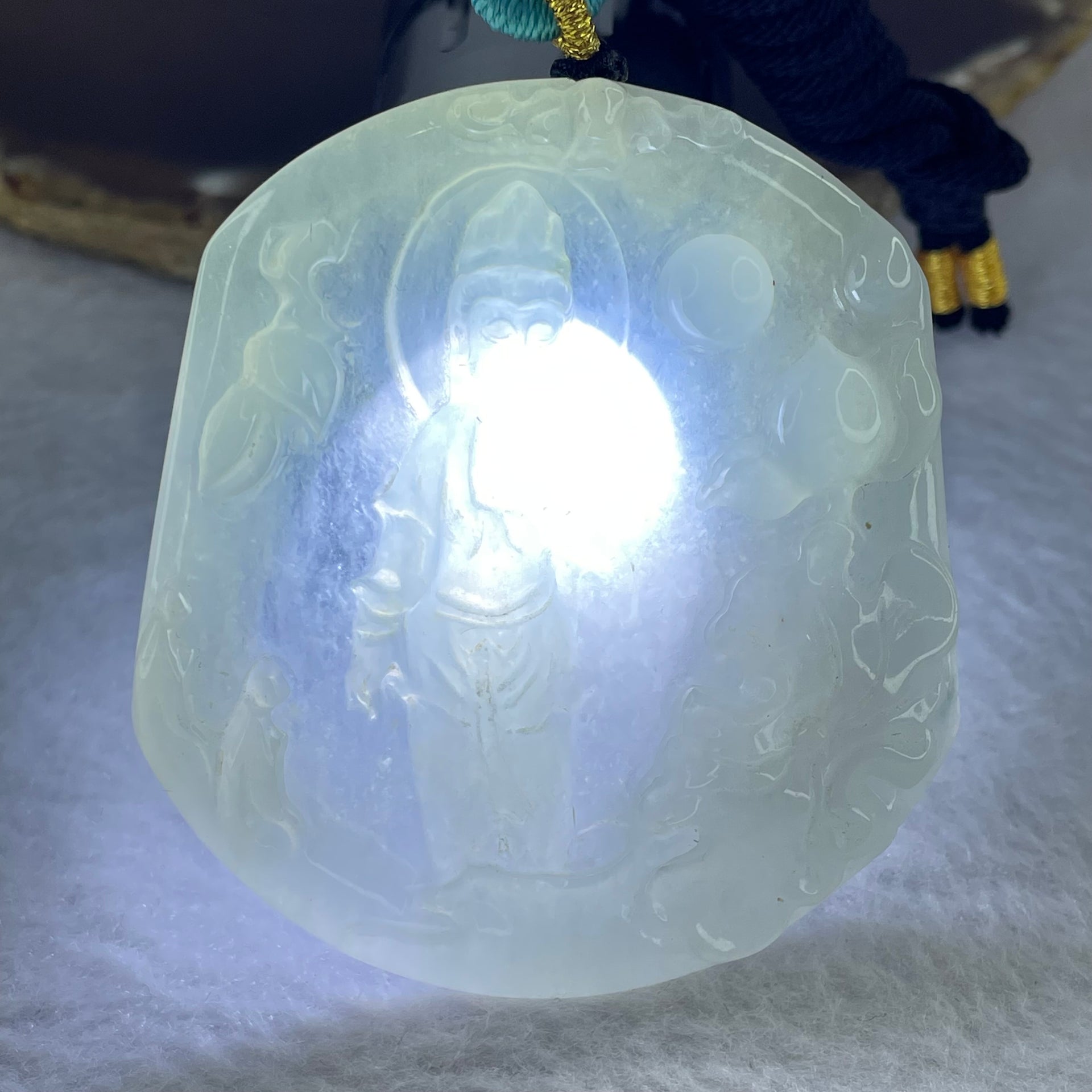 Type A Light Green to white Jadeite Guan Yin Pendent 32.29g 57.8 by 52.6 by 6.6mm - Huangs Jadeite and Jewelry Pte Ltd