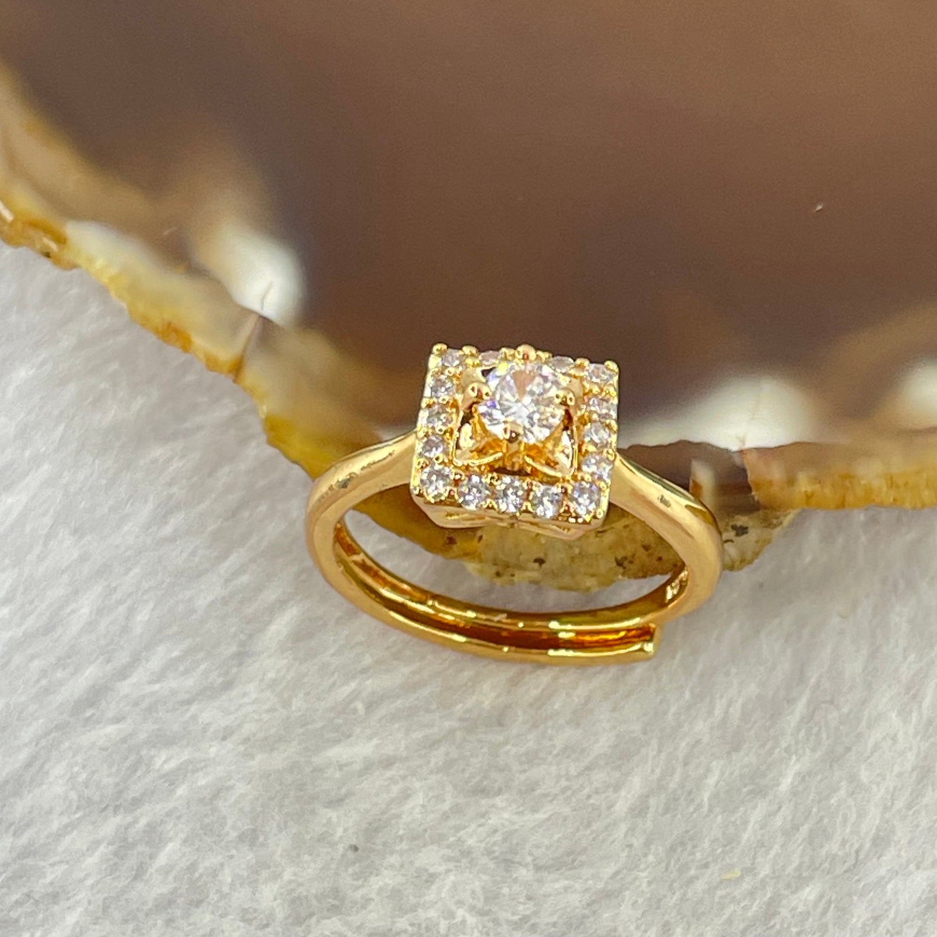 Colourless Cubic Zirconia with Crystals In AU750 Plated In Gold Color Sliver Ring (Adjustable Size) 2.56g 3.6 by 3.6 by 2.0mm - Huangs Jadeite and Jewelry Pte Ltd