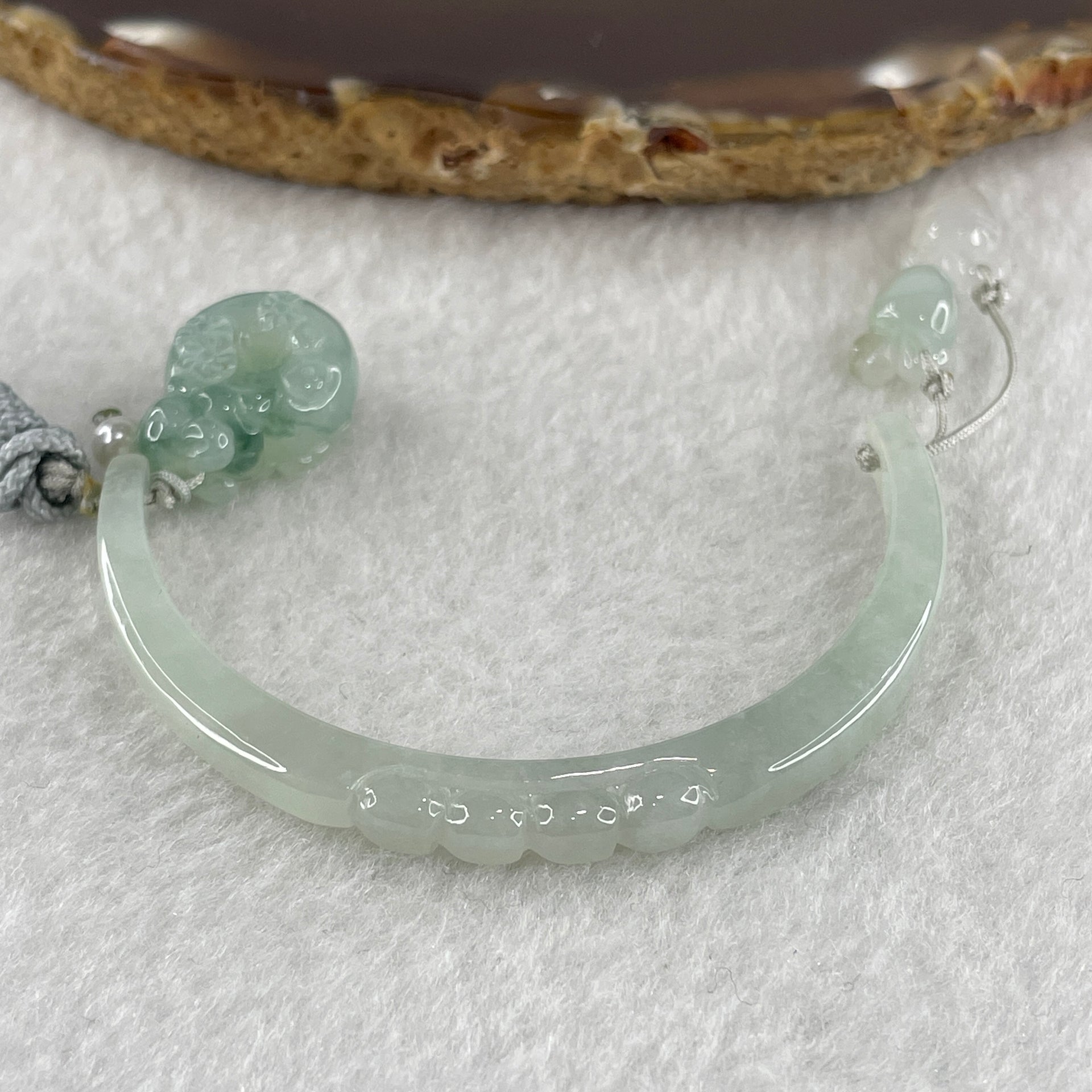 Natural Type A Semi Icy Light Green Jadeite Moon with Rabbit and Flower on Ping An Kou and Carrot Necklace 11.72g 17.2 by 13.6 by 8.6mm Ping An Kou - 56.7 by 4.4 by 5.5mm Moon - Huangs Jadeite and Jewelry Pte Ltd