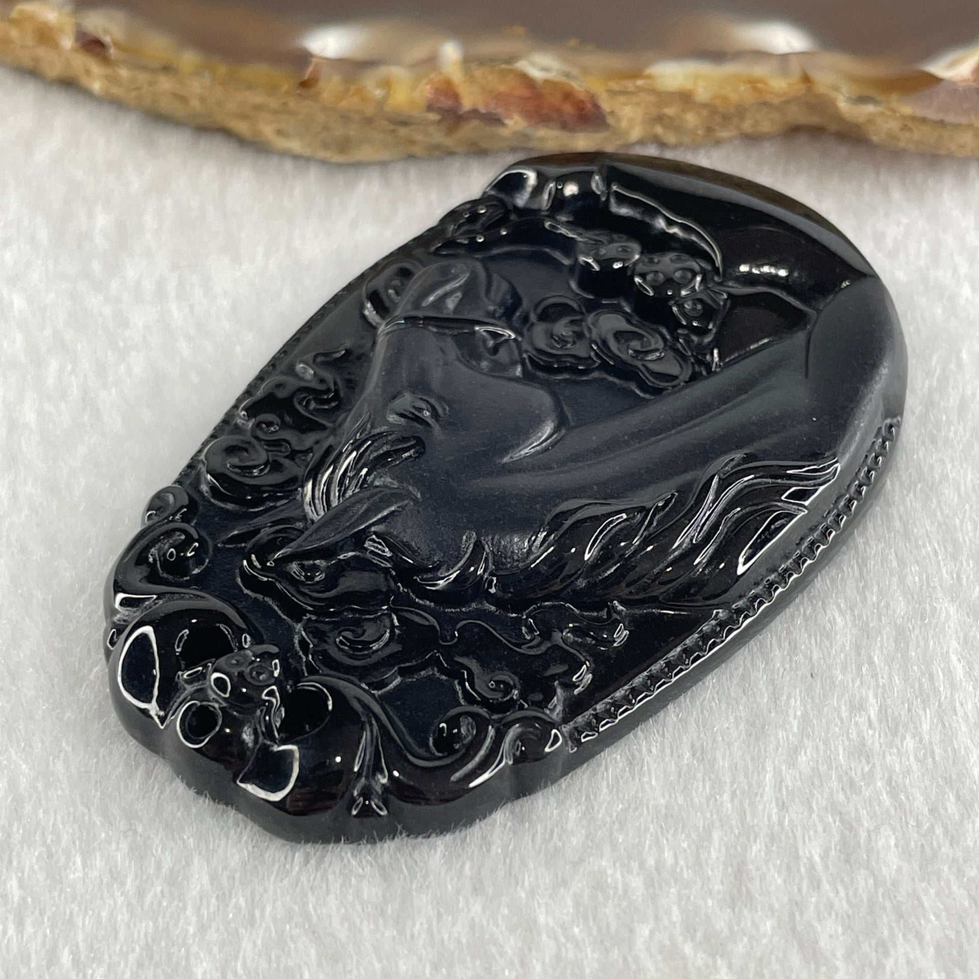Type A Opaque to Partial Translucent Black Omphacite Jadeite Horse Pendant 23.64g 60.1 by 40.1 by 8.4mm - Huangs Jadeite and Jewelry Pte Ltd