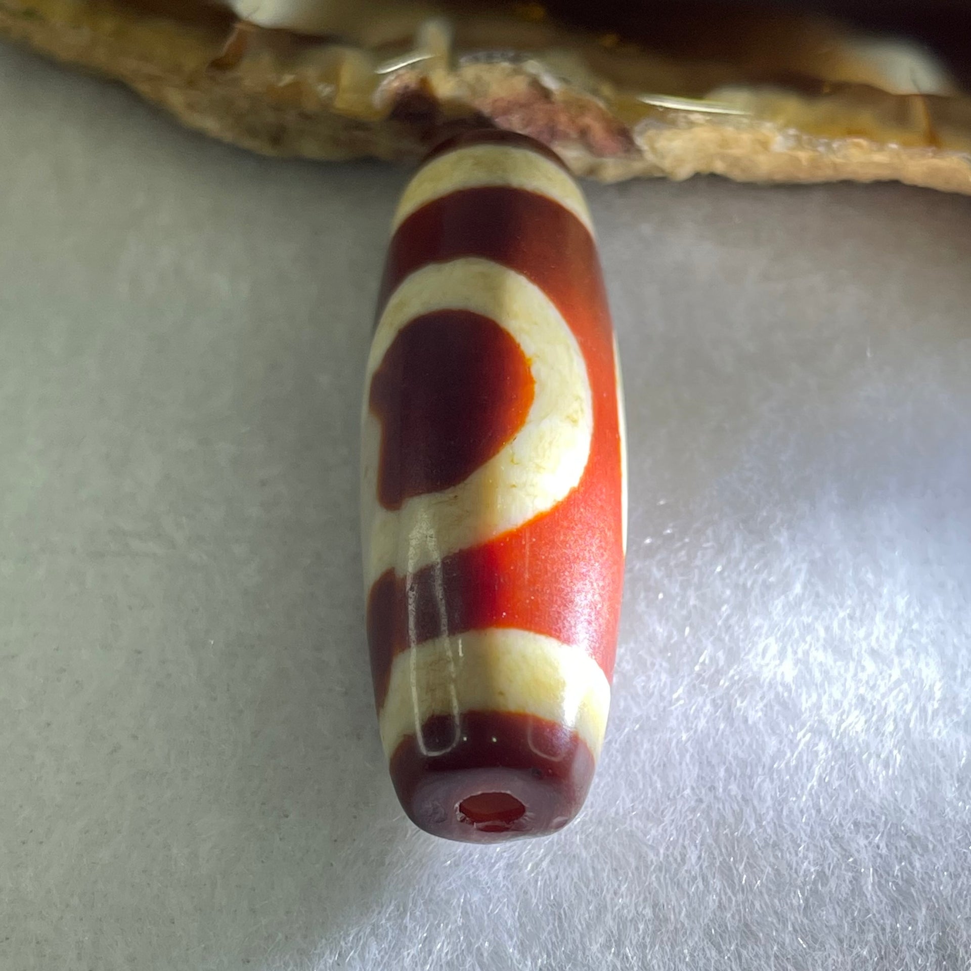 Natural Powerful Tibetan Old Oily Red White Agate One Eye Fire Sign Dzi Bead Heavenly Master (Tian Zhu) 一眼火天珠 9.27g 37.7 by 12.7mm - Huangs Jadeite and Jewelry Pte Ltd
