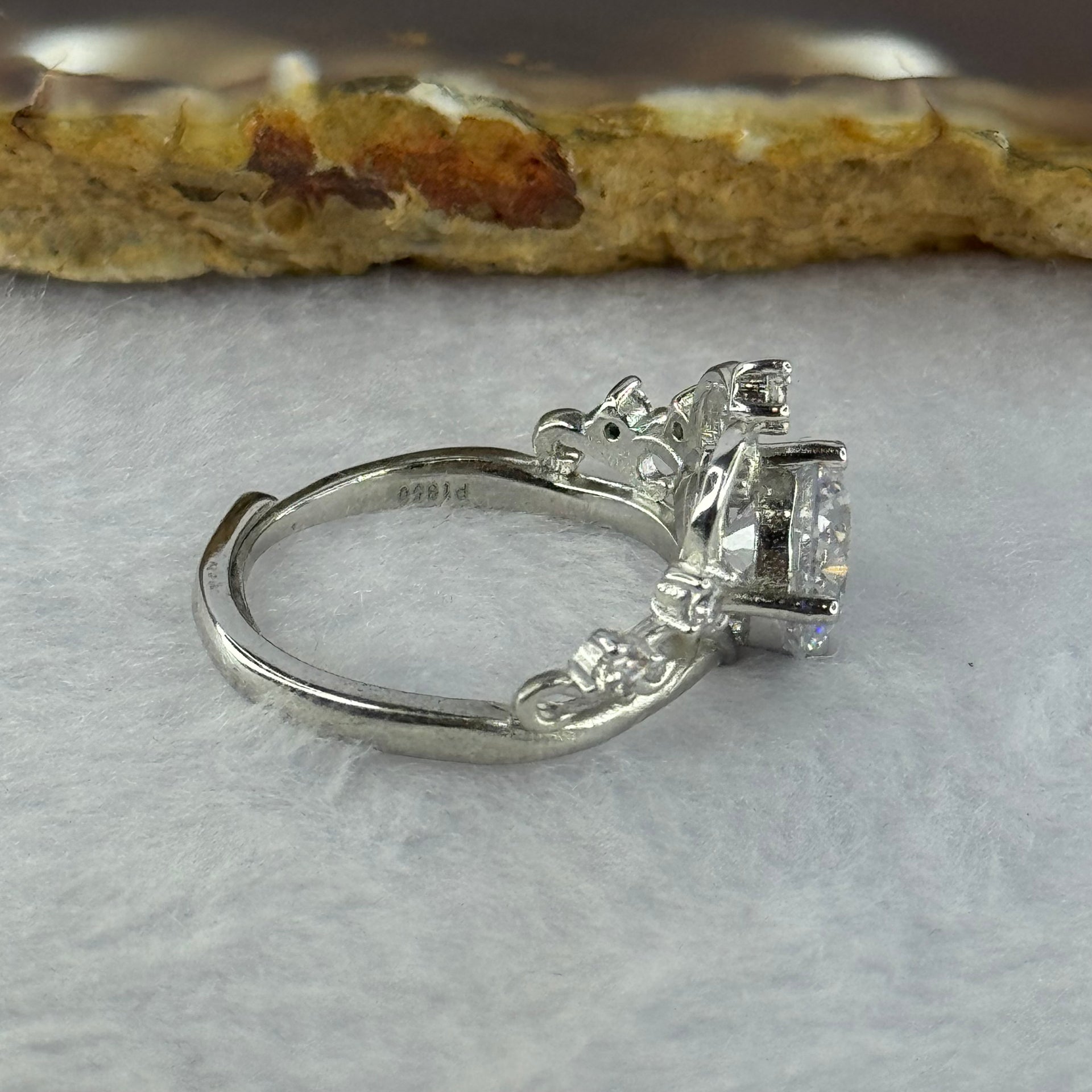 Cubic Zirconia in PT950 Plated S925 Sliver Ring (Adjustable Size) 3.21g 7.4 by 5.3mm - Huangs Jadeite and Jewelry Pte Ltd