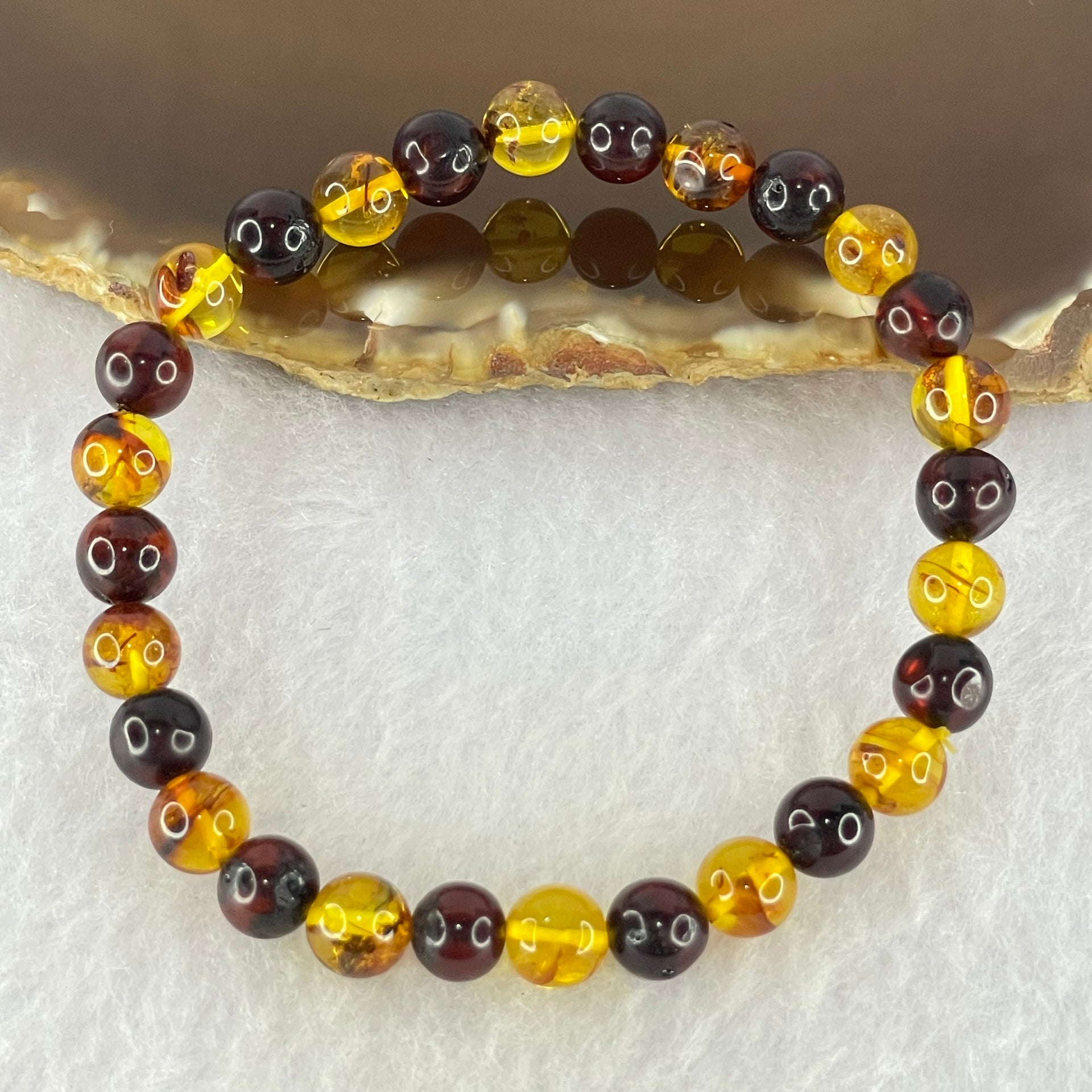 Natural Blood Red and Yellow Amber Beads Bracelet 4.71g 16cm 6.9mm 28 Beads - Huangs Jadeite and Jewelry Pte Ltd