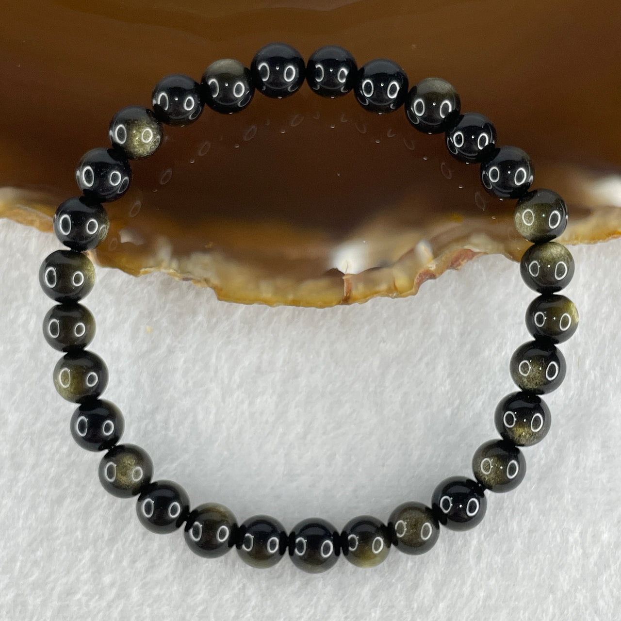 Certified Good Grade Natural Black Obsidian with Brown Hue Beads Bracelet 8.83g 15cm 6.4mm 29 Beads