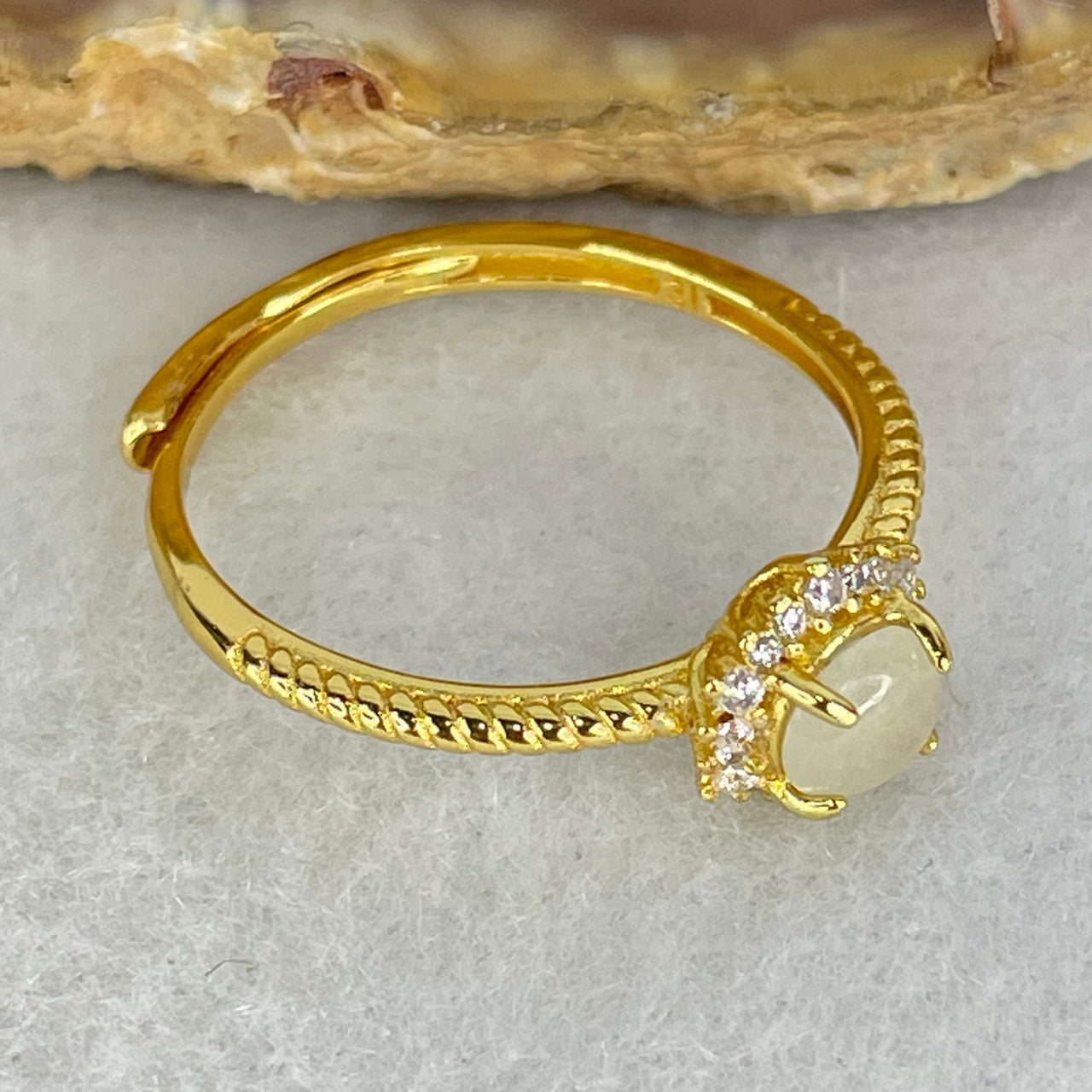 Type A Icy Cabochon Green Jadeite in S925 Sliver Gold Color Ring (Adjustable Size) 1.29g 5.3 by 4.7 by 2.5mm - Huangs Jadeite and Jewelry Pte Ltd