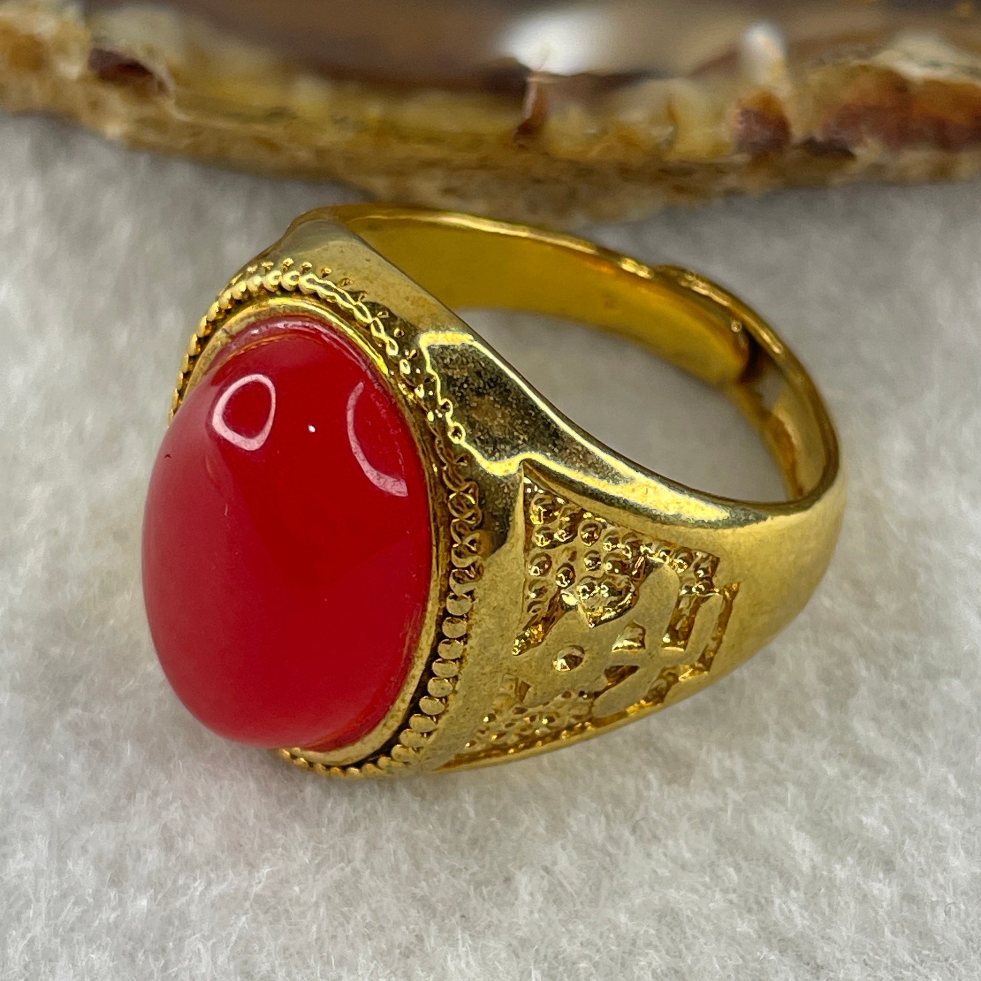 Natural Red Agate in 9999 Gold Plated Ring (Adjustable Size) 12.43g 17.6 by 13.2 by 5.5mm - Huangs Jadeite and Jewelry Pte Ltd