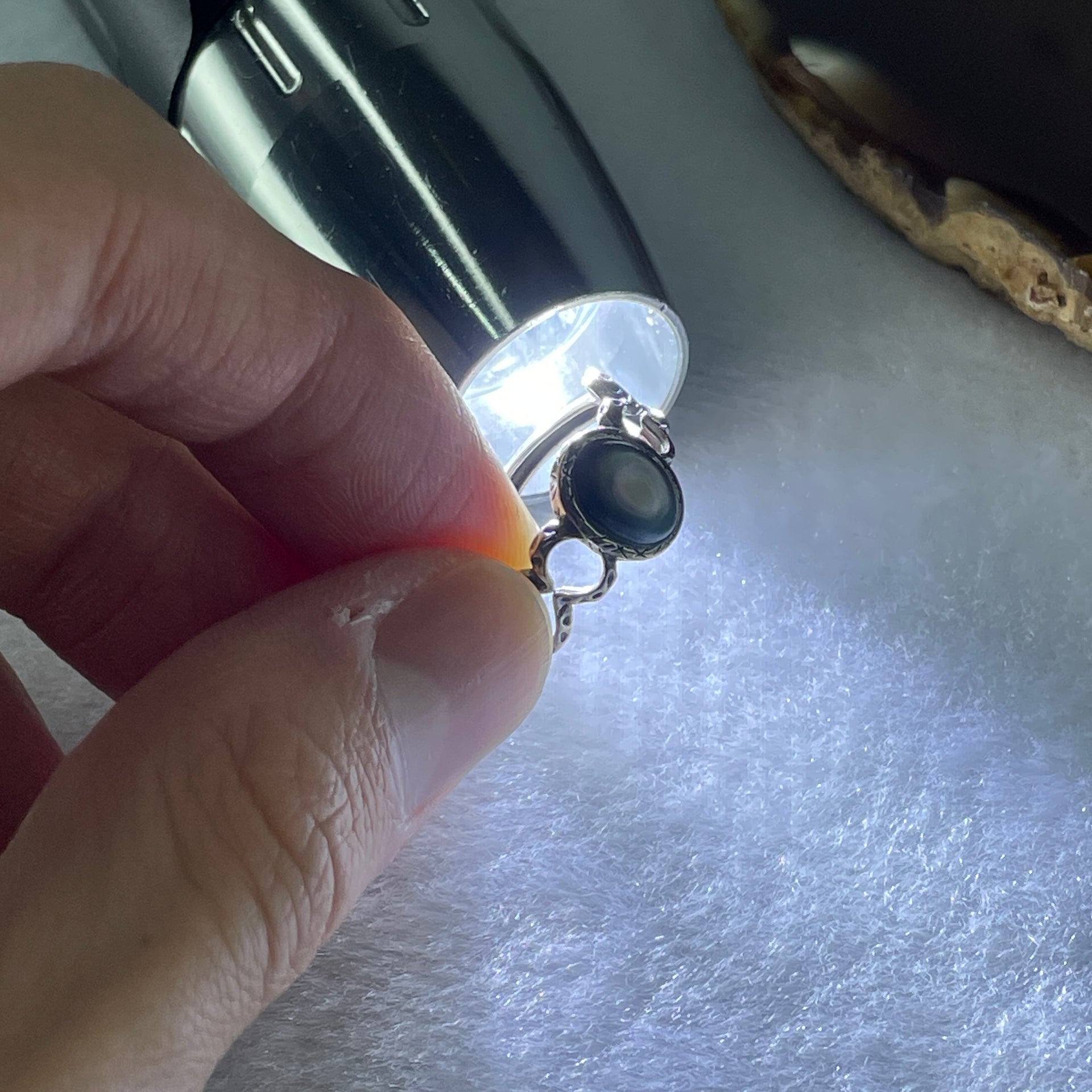 Natural Greyish Black Obsidian Ring in S925 Sliver 1.94g 7.1 by 5.0 by 2.5mm (Adjustable Size) - Huangs Jadeite and Jewelry Pte Ltd