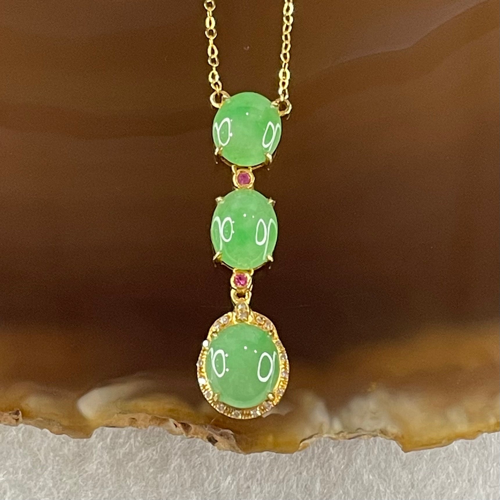 Type A Icy Apple Green Jadeite Cabouchons in 18K Yellow Gold Necklace each about 7.1 by 6.3 by 4.0mm 3.10g 39 or 42cm - Huangs Jadeite and Jewelry Pte Ltd