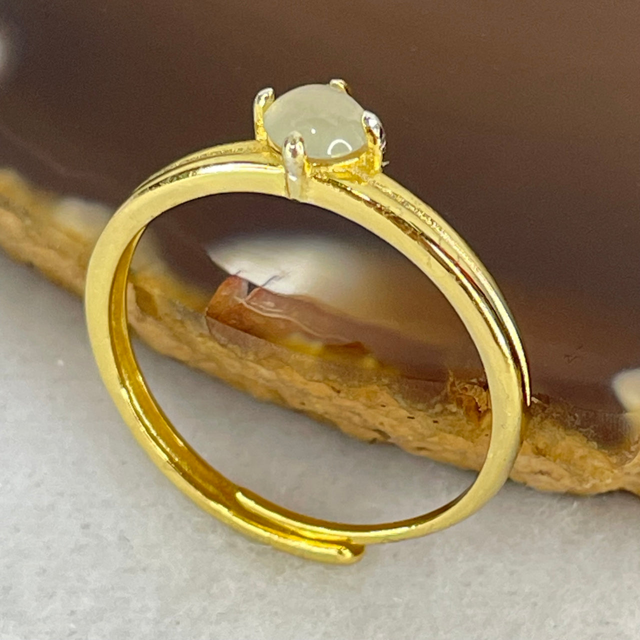 Type A Icy Green  Cabochon Jadeite in S925 Sliver Gold Color Ring (Adjustable Size) 1.21g 4.6 by 2.0mm - Huangs Jadeite and Jewelry Pte Ltd