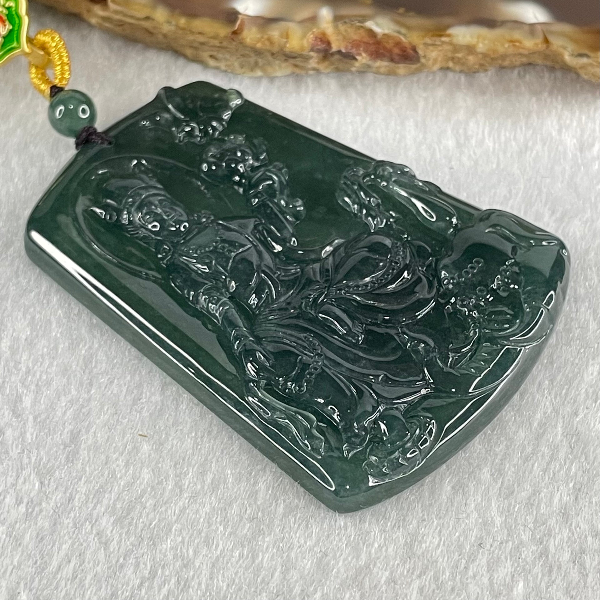 Grand Master Type A Icy Dark Blueish Green Samantabhadra Bodhisattva Guan Yin on Elephant and Flower Pendant 61.87g 57 by 41.6 by 5.6mm - Huangs Jadeite and Jewelry Pte Ltd