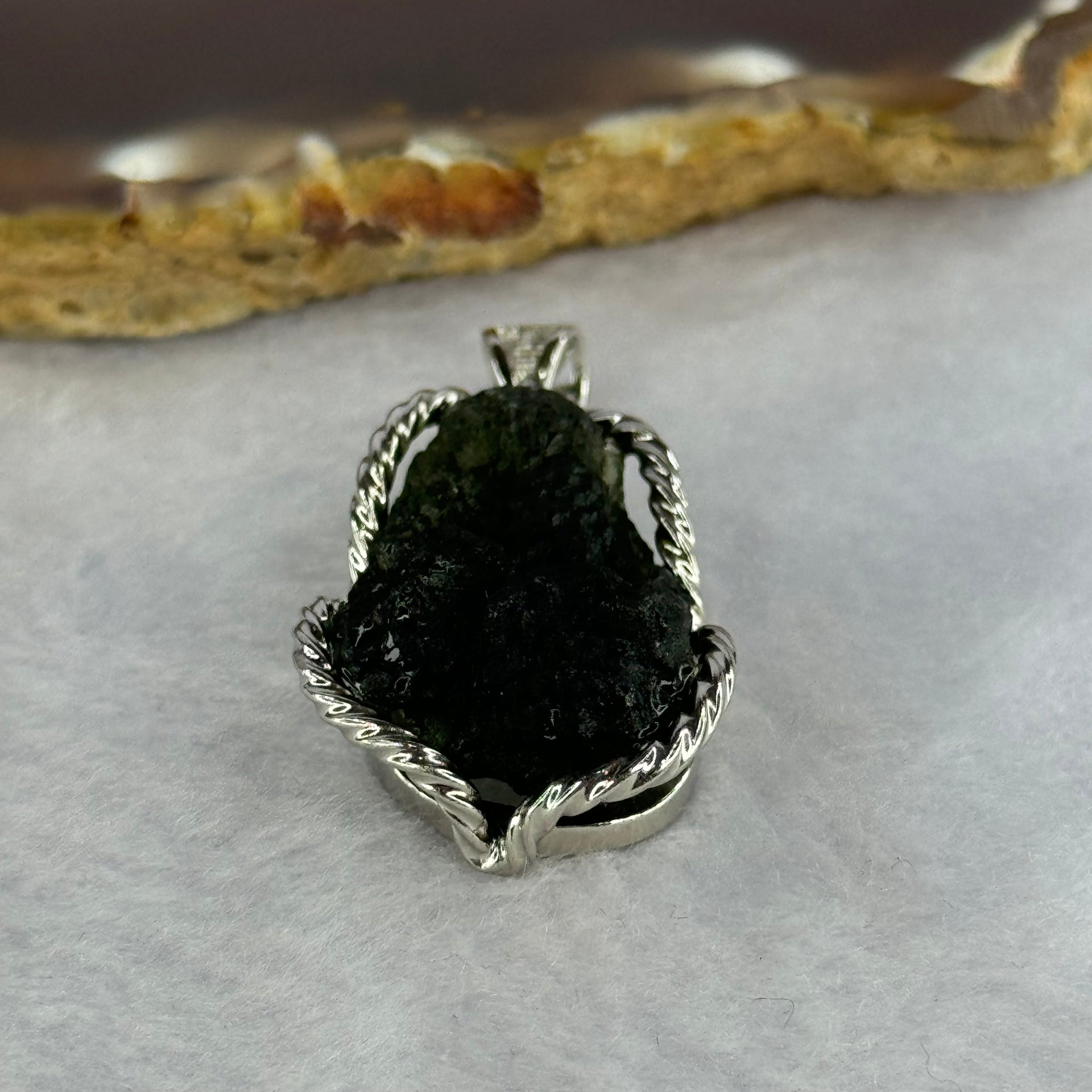 Natural Czech Republic Moldavite Meteorite Crystal in S925 Sliver Pendent 天然捷克陨石925银牌 8.60g 25.5 by 16.4 by 10.1mm - Huangs Jadeite and Jewelry Pte Ltd