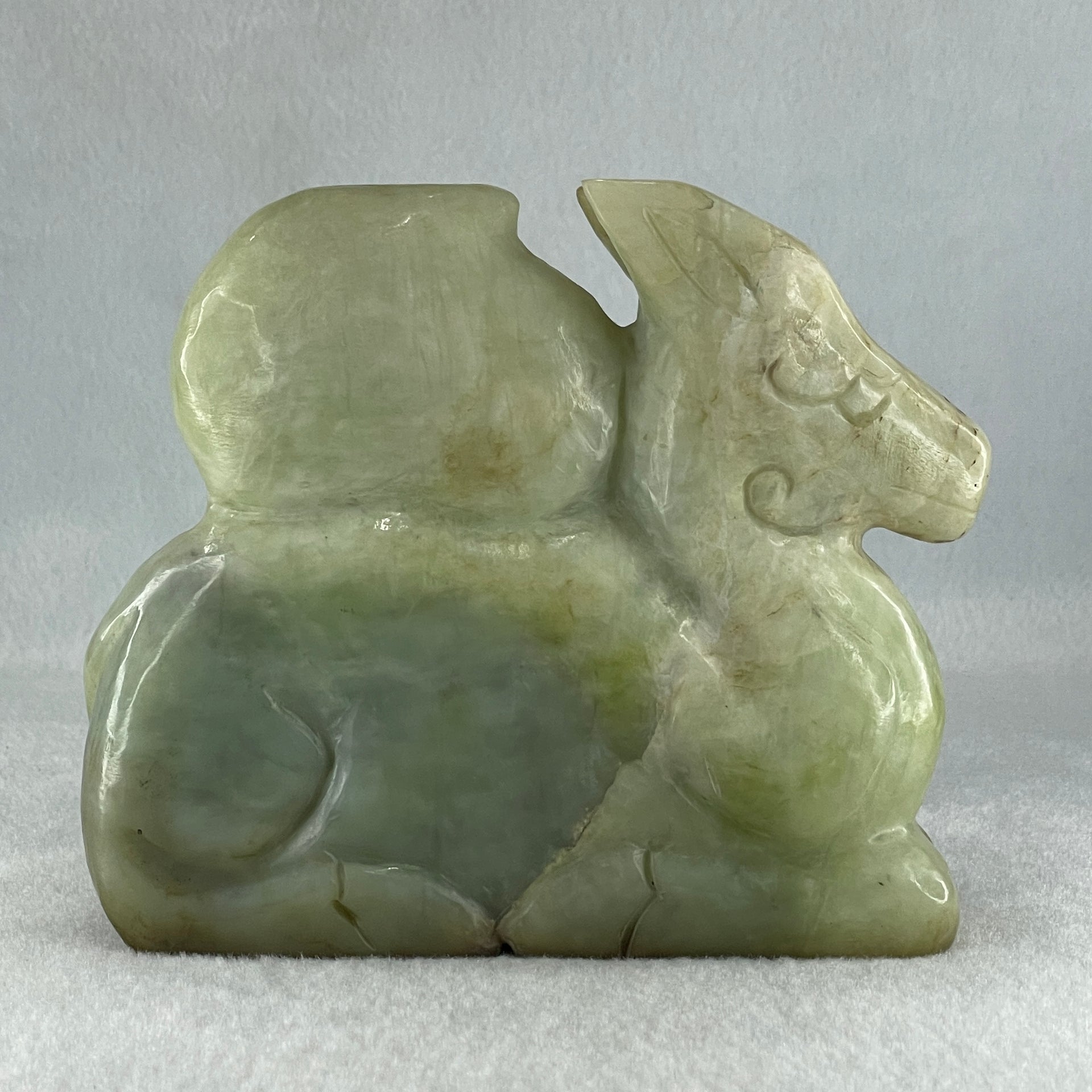 Natural Green Serpentine Deer with Longevity Peach Display 1,043.6g 135.0 by 43.0 by 115.0mm - Huangs Jadeite and Jewelry Pte Ltd