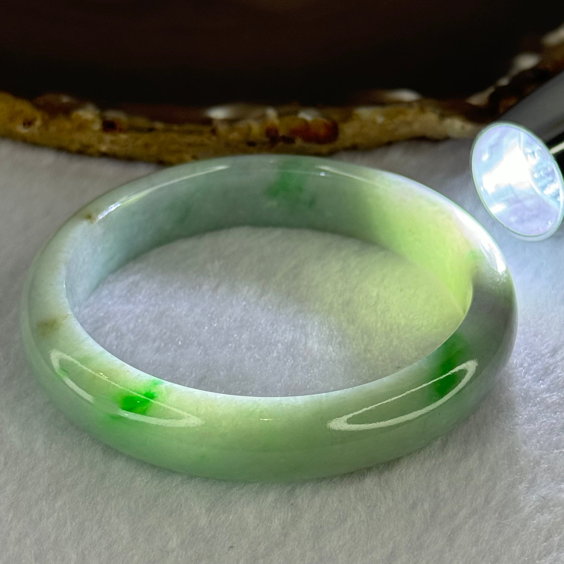 Type A Light Green with Bright Green Patches and Lavender Jadeite Bangle 54.16g Internal Diameter 58.4mm 12.6 by 7.9mm (Very Slight External Rough) - Huangs Jadeite and Jewelry Pte Ltd