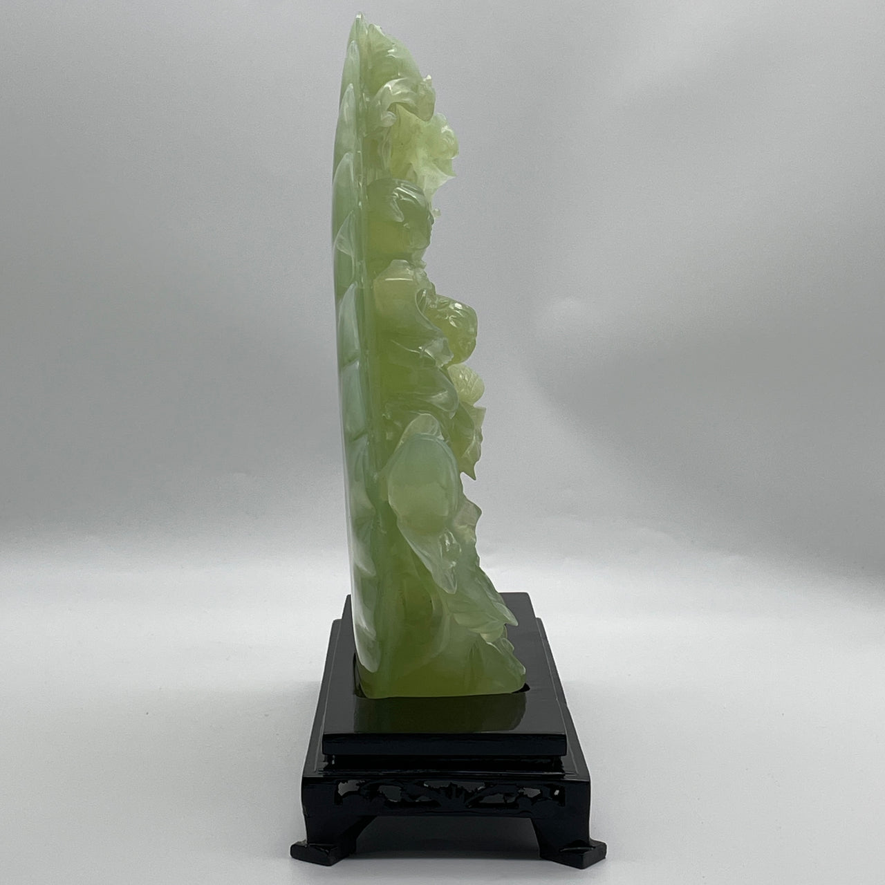 Natural Icy Green Serpentine Jīn Tóng Yù Nǚ Girl with Golden Boy  with Twin Bats on Lotus Flower with Wooden Stand Display 2,827.3g 255.0 by 110.0 by 290.0mm