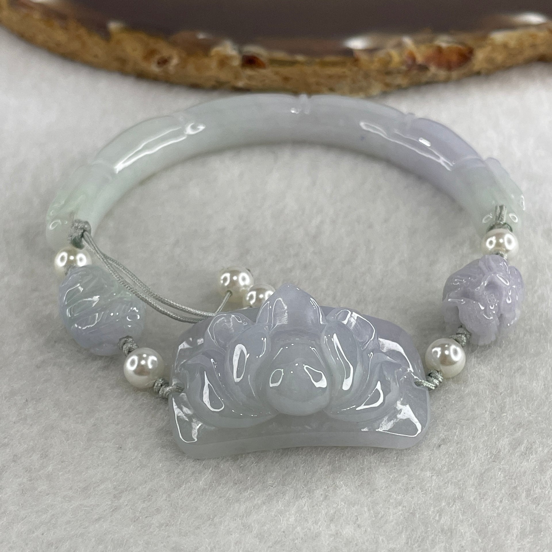 Natural Type A Lavender with Faint Green Jadeite Bamboo with Lotus Flower and Dragon Bracelet 34.11g 17cm 7.9 by 8.6mm - Bamboo 33.2 by 19.1 by 11.8mm - Huangs Jadeite and Jewelry Pte Ltd