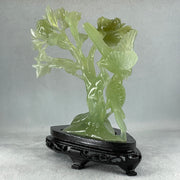 Natural Semi Icy Green Serpentine Double Magpie Birds on Flower Tree with Wooden Stand Display 641.5g 210.0 by 220.0 by 112.0mm - Huangs Jadeite and Jewelry Pte Ltd