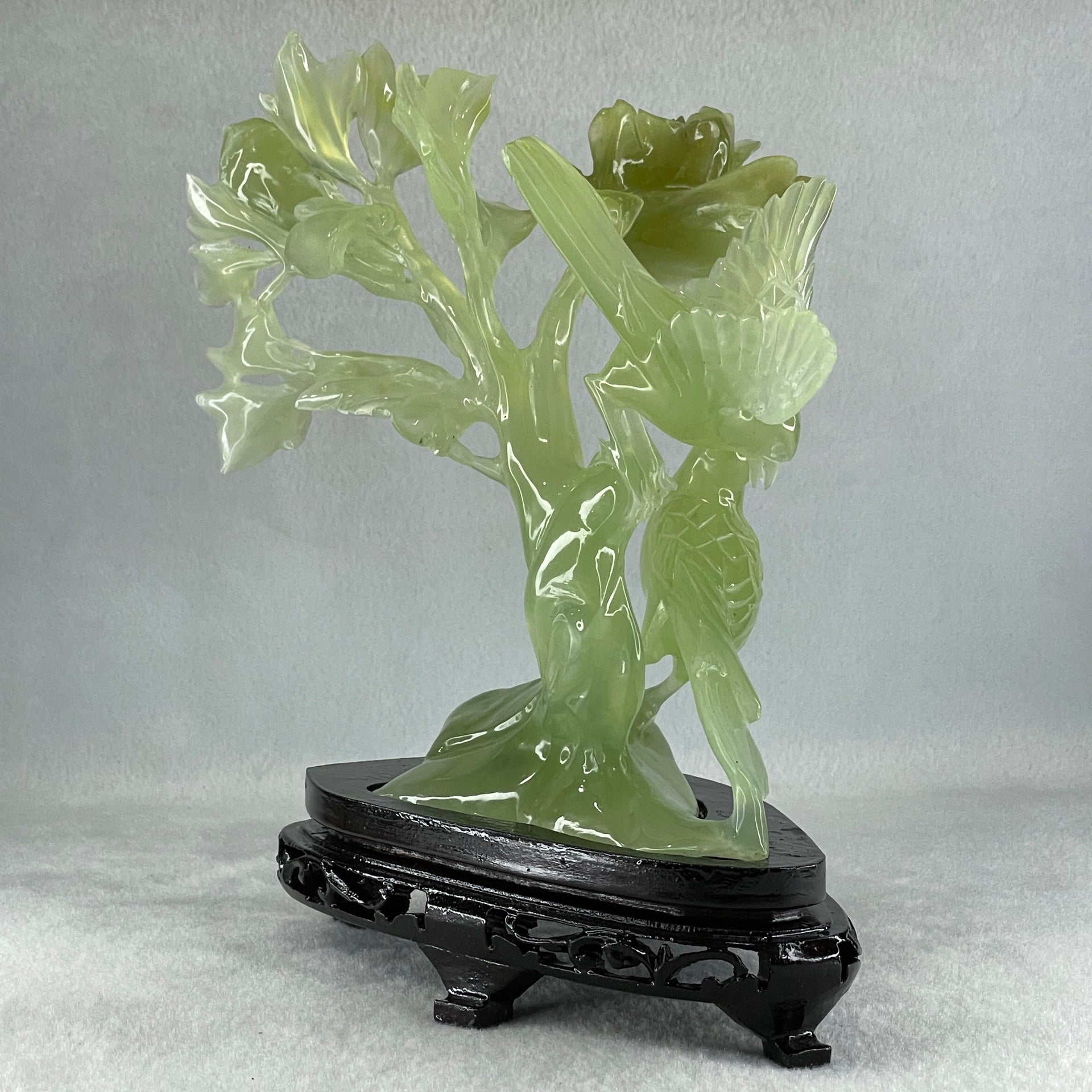 Natural Semi Icy Green Serpentine Double Magpie Birds on Flower Tree with Wooden Stand Display 641.5g 210.0 by 220.0 by 112.0mm - Huangs Jadeite and Jewelry Pte Ltd