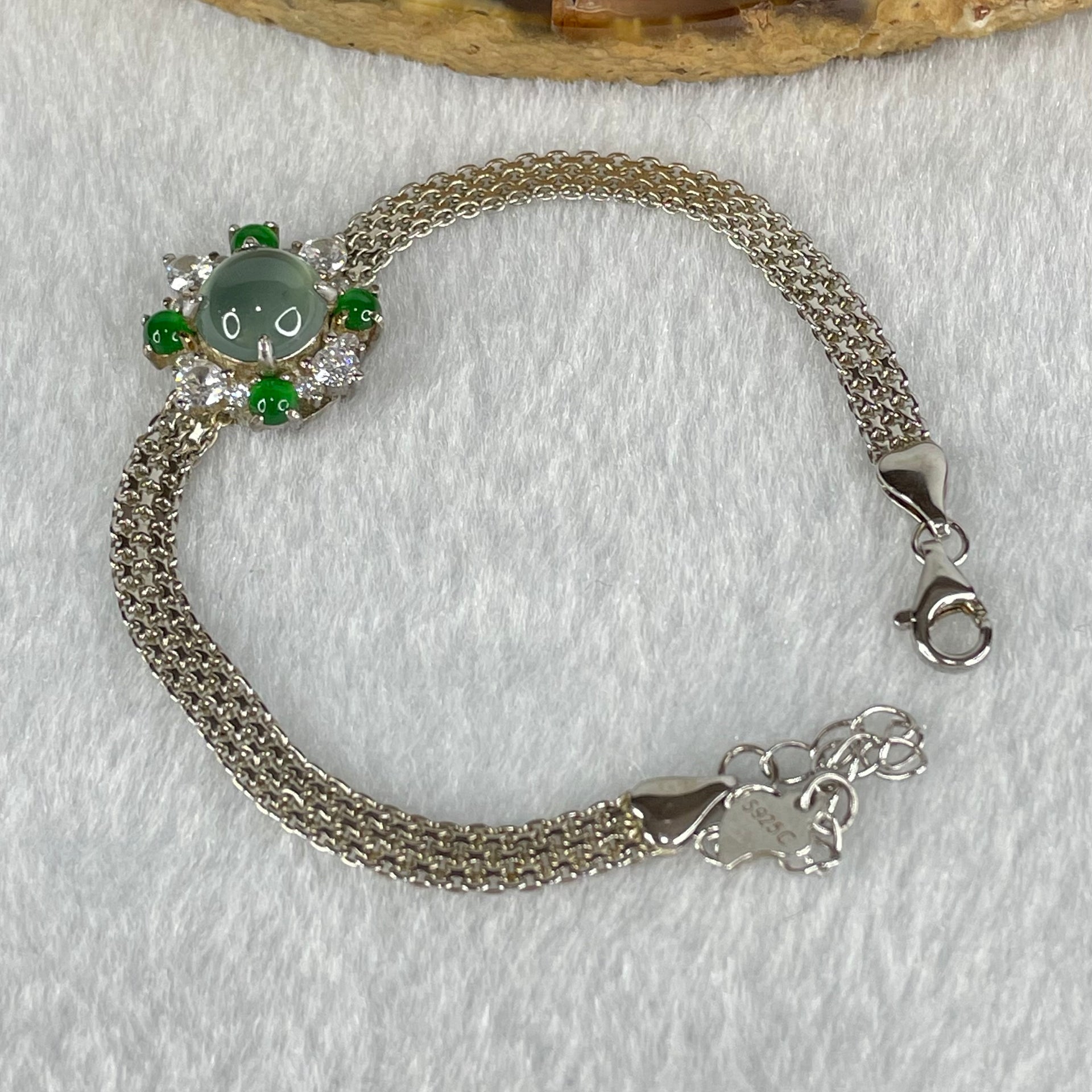 Type A Icy Blueish Green 7.9 by 3.5mm and Green Jadeite Cabochons With Crystals in S925 Sliver Bracelet 4.94g - Huangs Jadeite and Jewelry Pte Ltd