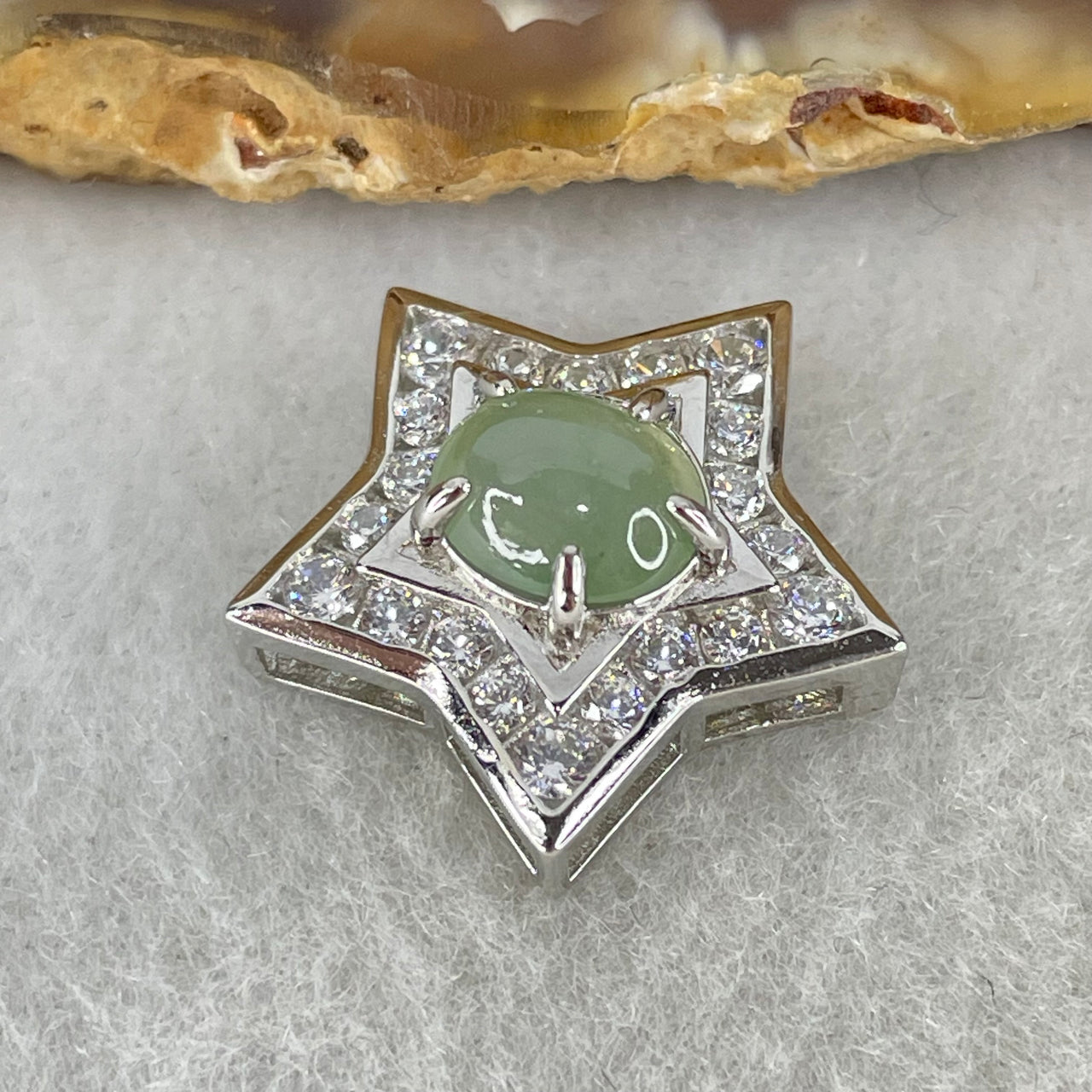 Type A Semi Icy Blueish Green Cabochon Jadeite in S925 Sliver Star with Crystal Charm 2.36g 7.4 by 6.5 by 3.0mm - Huangs Jadeite and Jewelry Pte Ltd