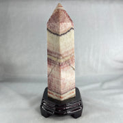 Natural Pink Calcite Tower with Wooden Stand Display 1527.4g 105.5 by 99.5 by 230.0mm - Huangs Jadeite and Jewelry Pte Ltd
