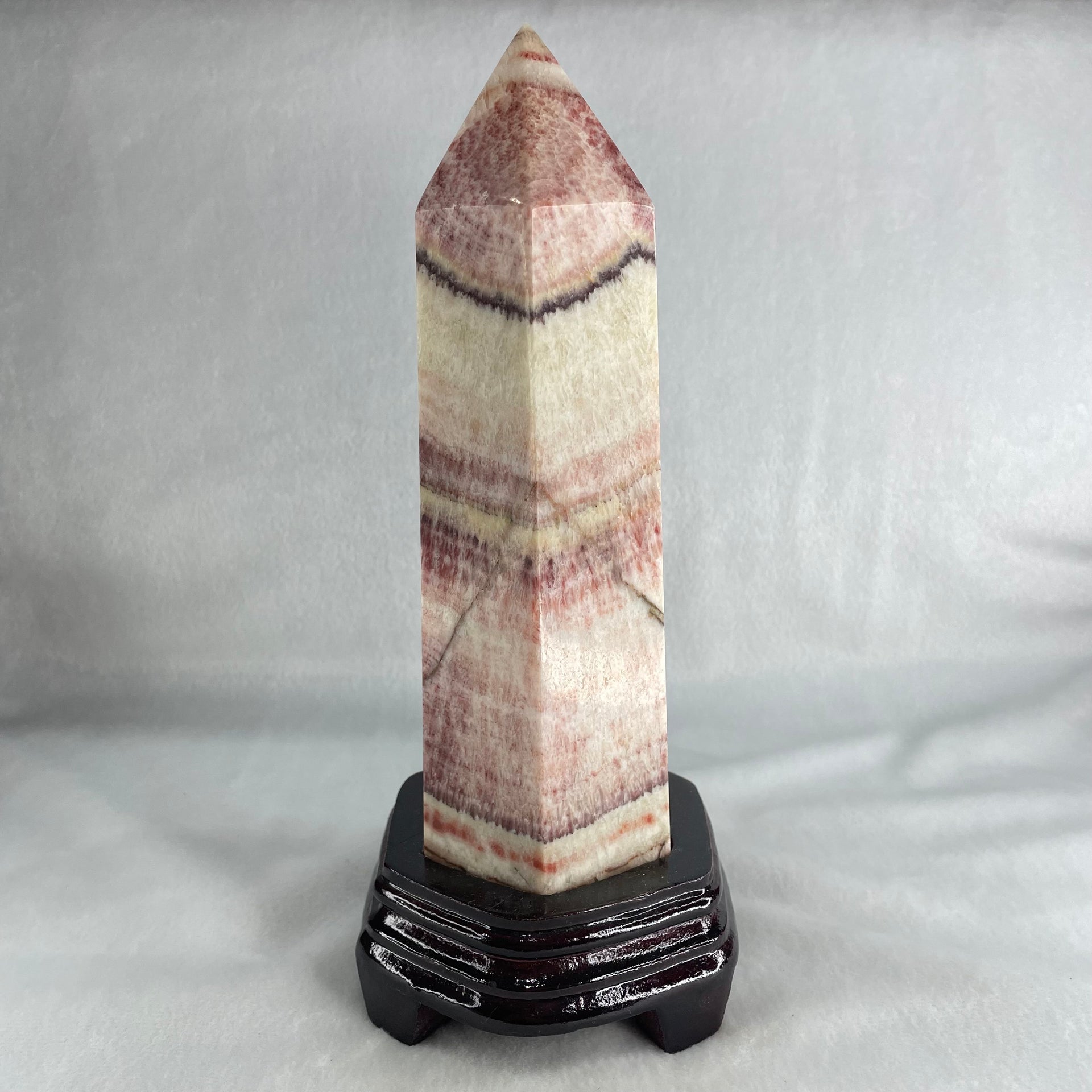 Natural Pink Calcite Tower with Wooden Stand Display 1527.4g 105.5 by 99.5 by 230.0mm - Huangs Jadeite and Jewelry Pte Ltd