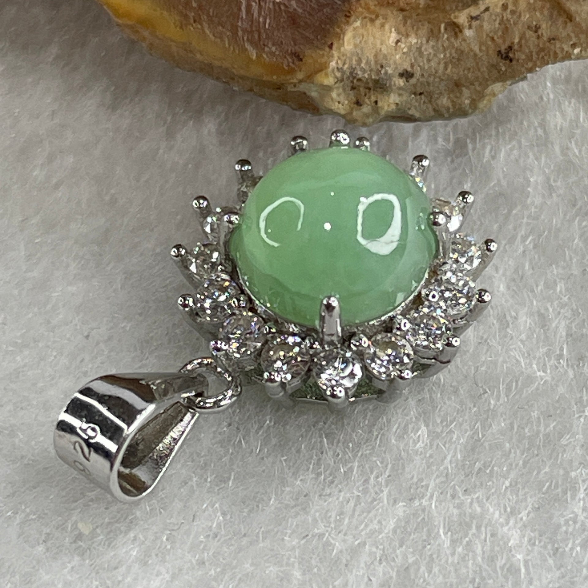 Type A Green Jadeite Pendant with Cubic Zirconia in S925 Sliver 1.89g 7.6 by 5.0mm - Huangs Jadeite and Jewelry Pte Ltd