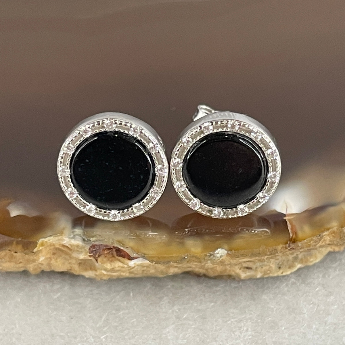 Certified Type A Black Omphacite Jadeite Round Earrings in S925 Silver |  (1.97g Total Weight | 8.1x1.5mm | S925 Sterling Silver | Synergy, Negative Energy Shield, Wealth Retention & Sophisticated Protection)