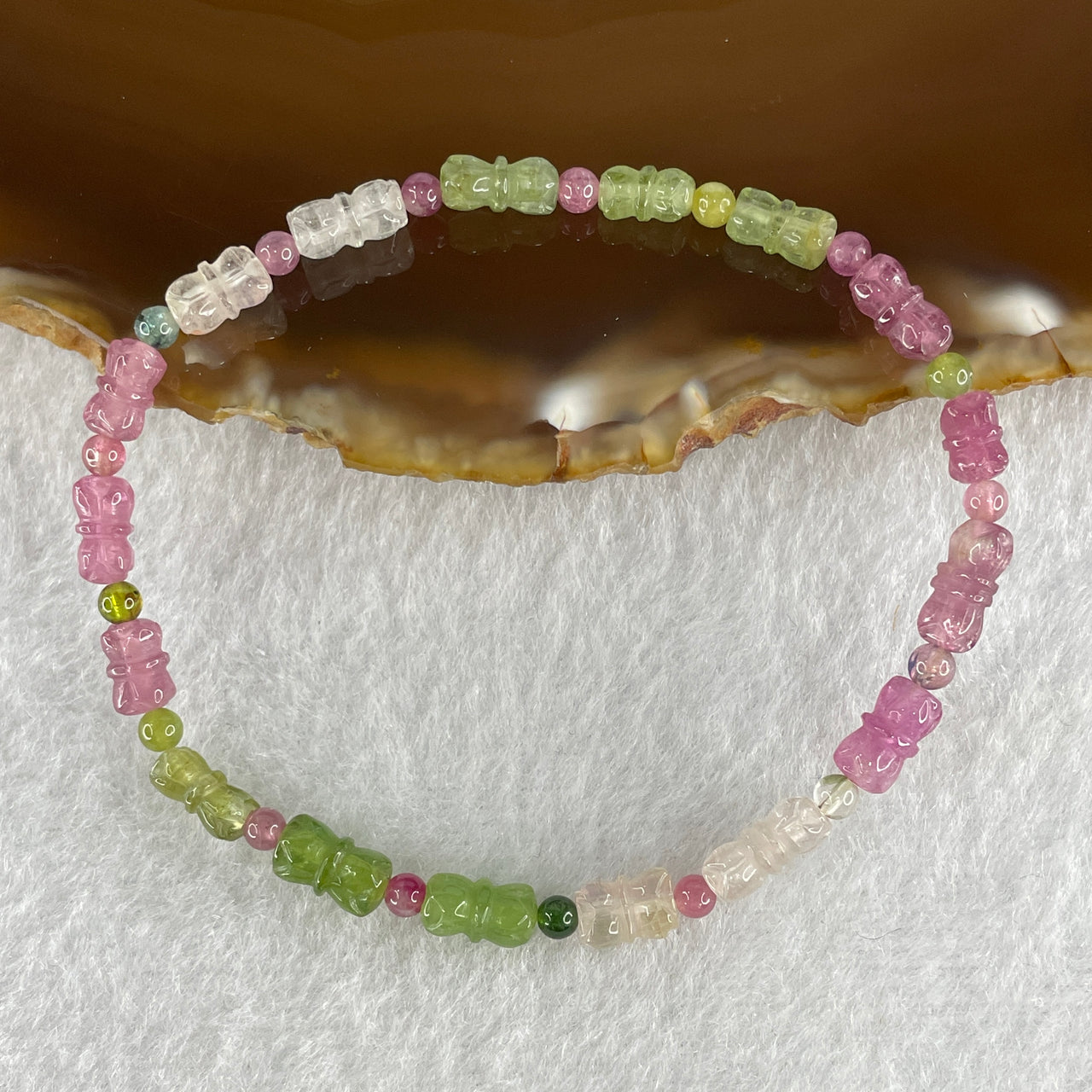 Very Good Grade Natural Rainbow Tourmaline Lotus Flowers Beads Bracelet 4.43g 15cm 4.6mm 17 Pieces